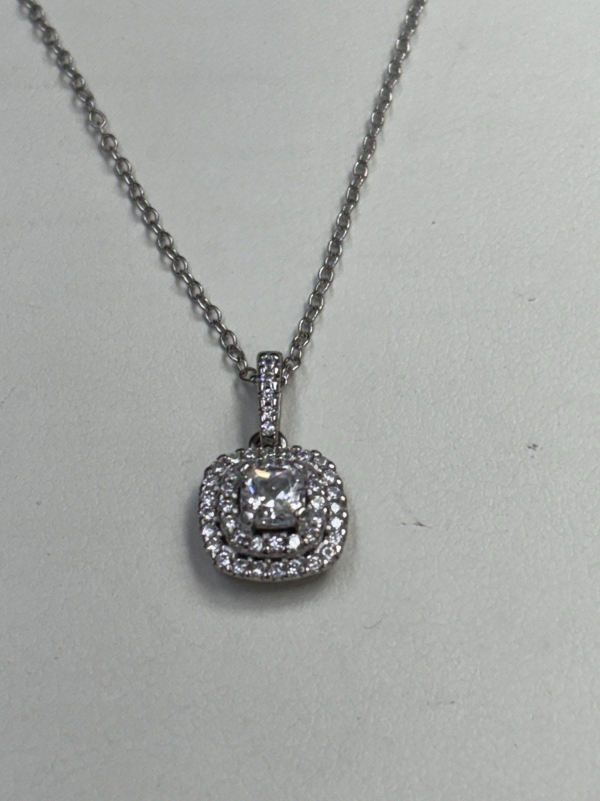 Sterling Cushion Cut CZ Double Halo Style Pendant Necklace 16-18”