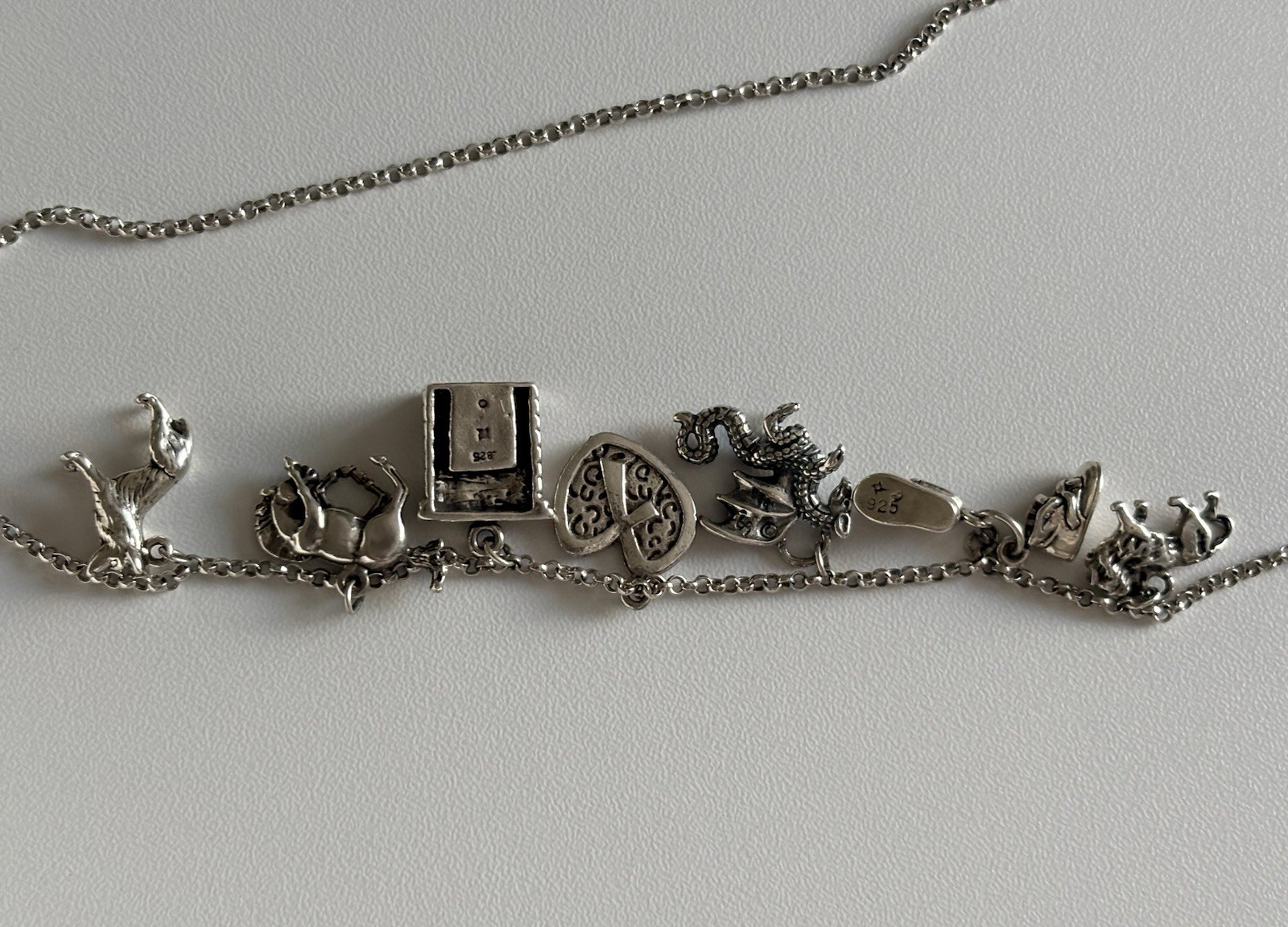 VTG Charm Necklace Sterling Silver 20” Rolo Chain 3D Assorted 7 Wolf Horse Lion