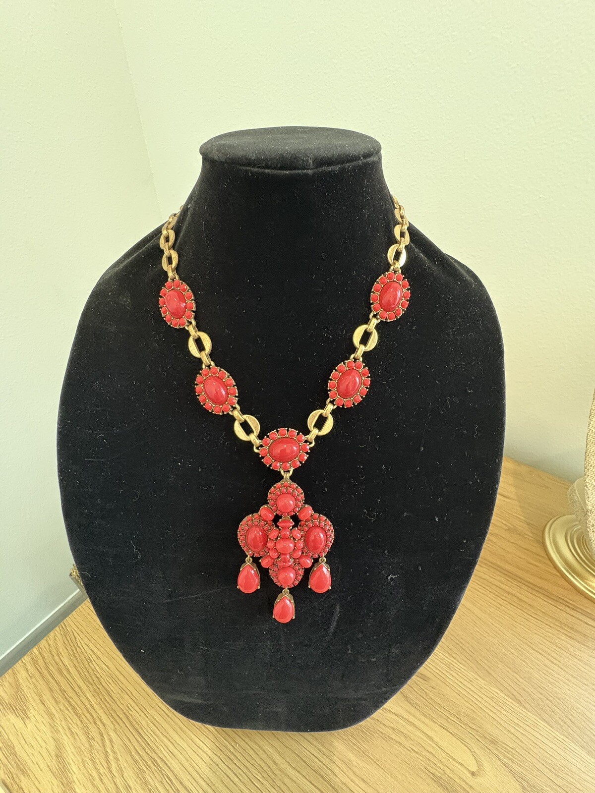 Stella Dot Necklace Sardinia Red Coral Removable Pendant 22-24” Gold Tone