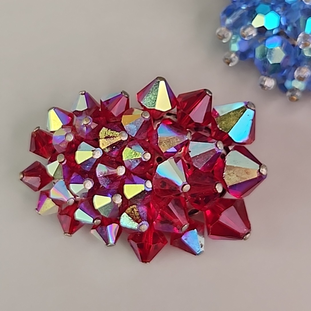 Vintage Cluster Brooch Lot of 5 AB Glass Blue Red Yellow Plastic