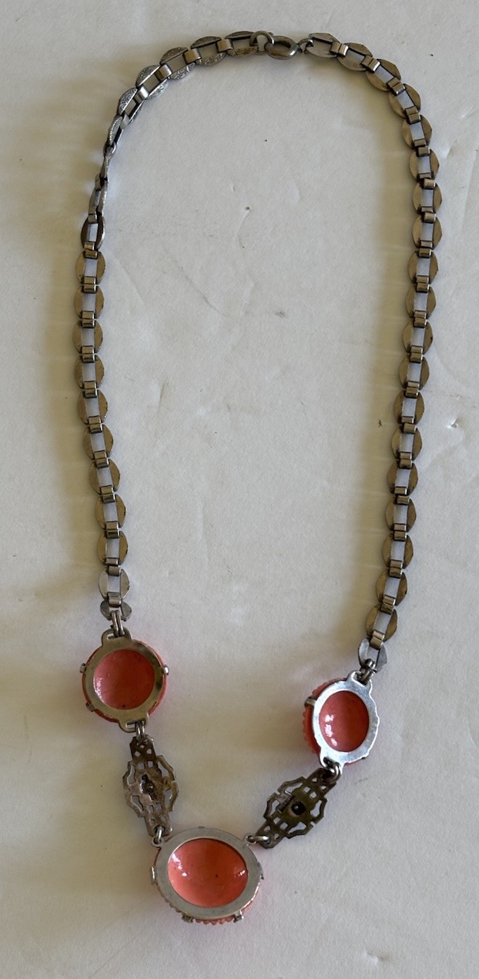 1930’s Deco Sterling Marcasite Coral Glass Necklace Flowers 16”