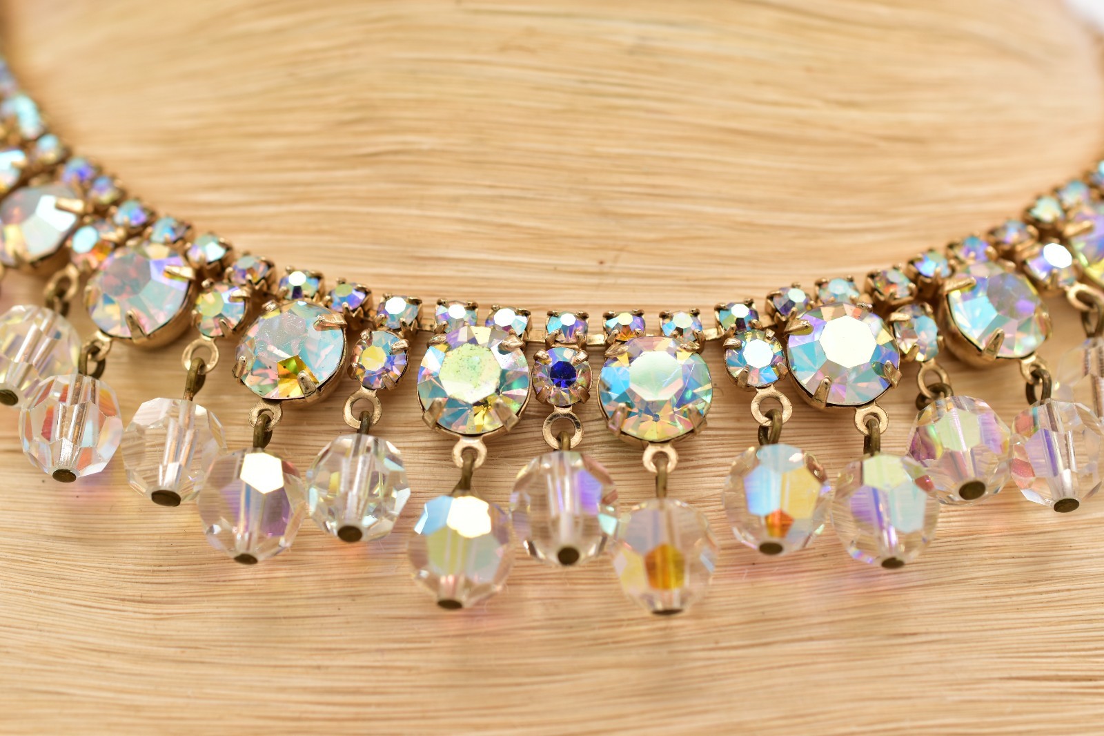 Vintage Crystal Choker Necklace AB Cluster Prong Rhinestone Gold Retro 50s BinBN