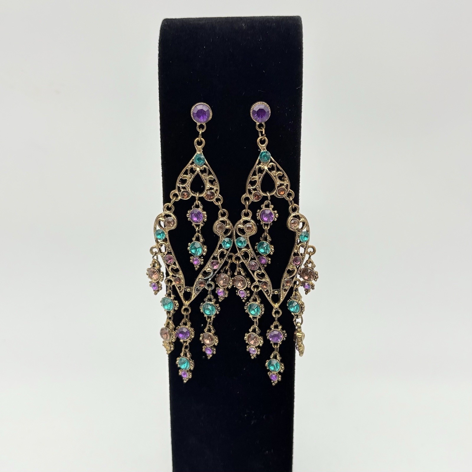 Long Vintage Dangle Drop Post Gold Tone Earrings Teal Purple Brown Rhinestones