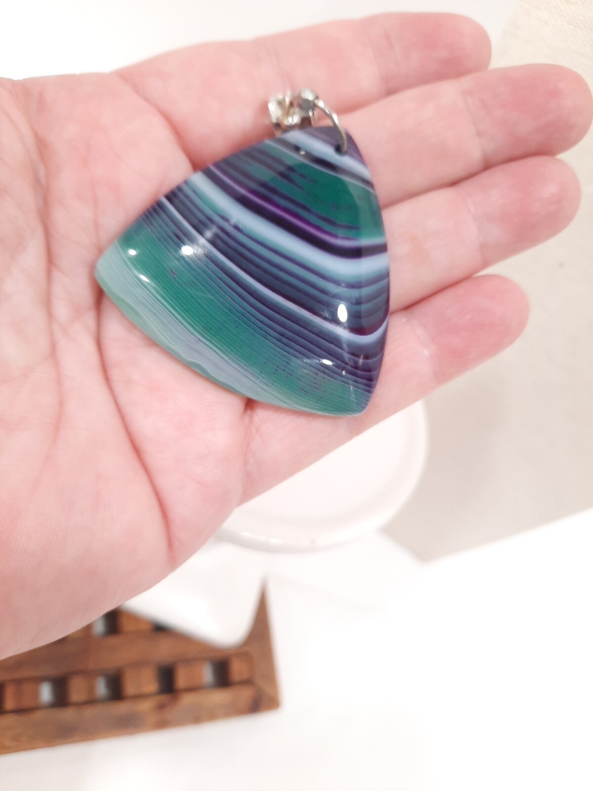 Artisan Stone Agate Striped Pendant Purple Green White on Silvertone slide 2″x2″