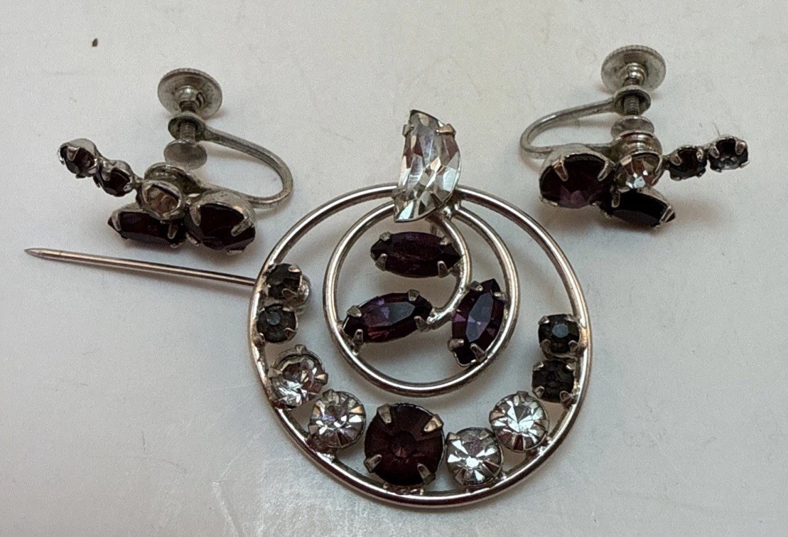 Vintage Earrings & Brooch Silver tone With Amethyst & Grey & White Rhinestone