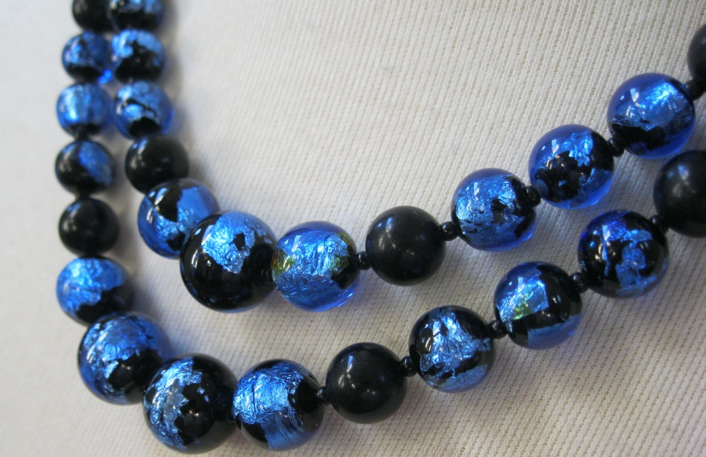 Josef Morton Blue, Black Art Glass Beads 2 Strands Necklace & Clip Earrings Set