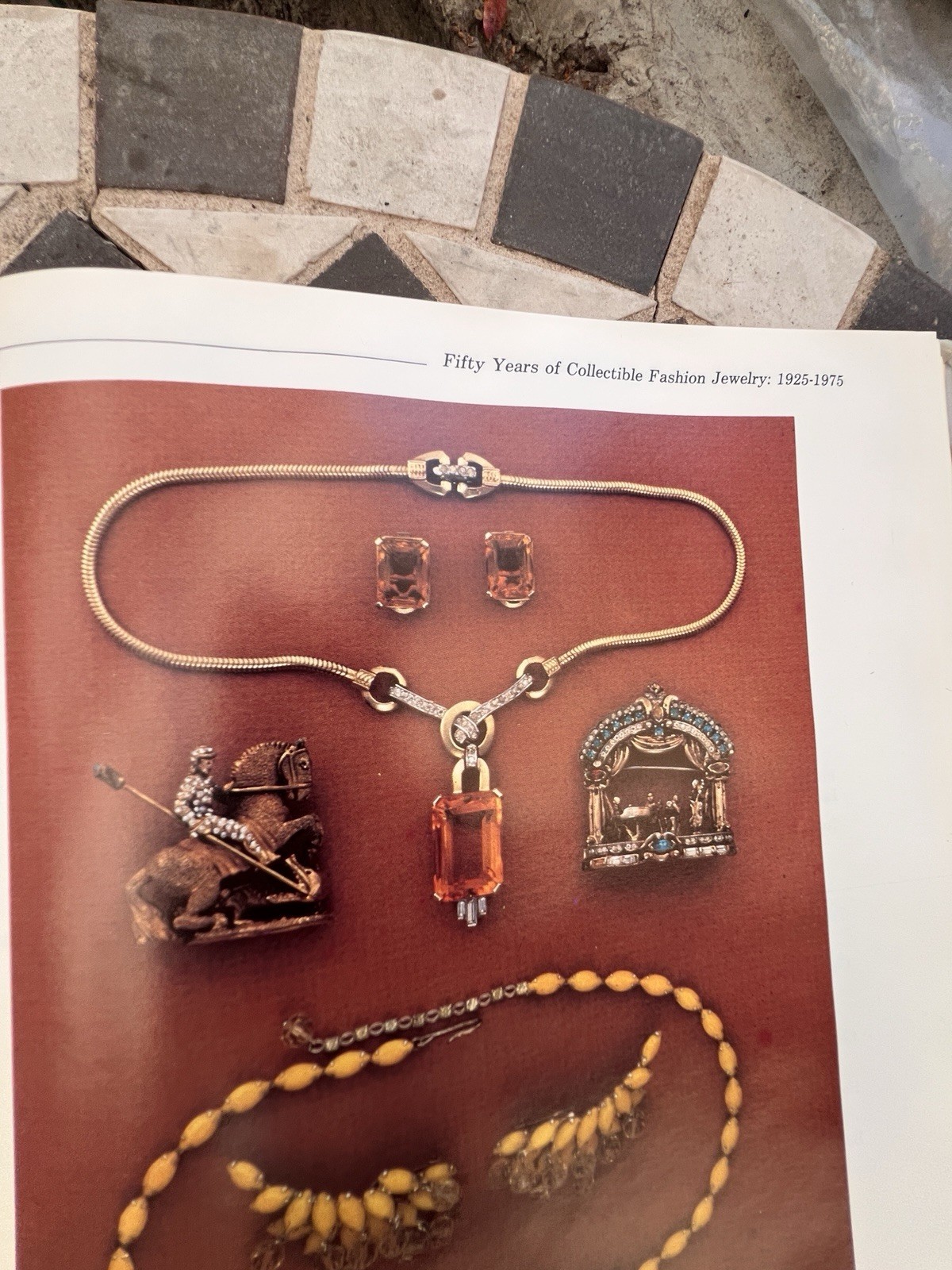 Mazer Deco gold plated faux topaz rhinestones necklace/Earrings 1960’s ca, USA.