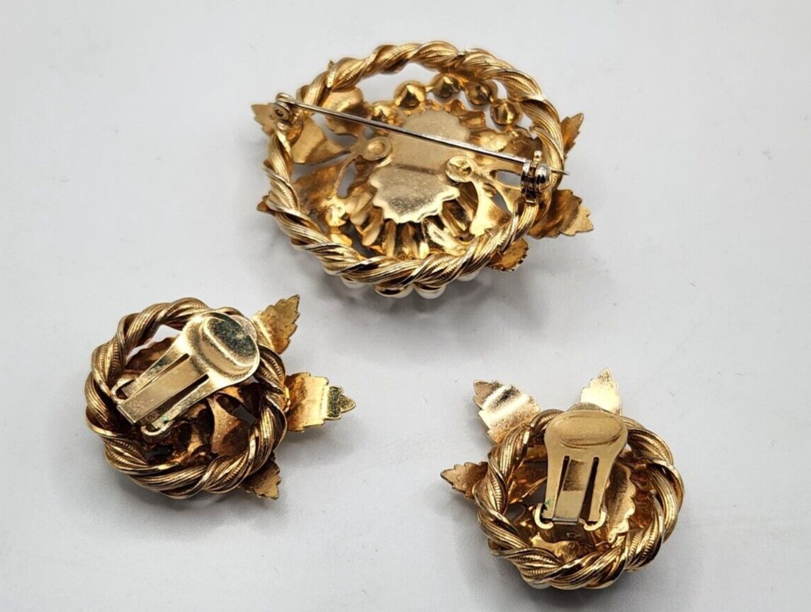 Brooch and Clip On Earring Set Black and Ivory gold colored costume jewelry