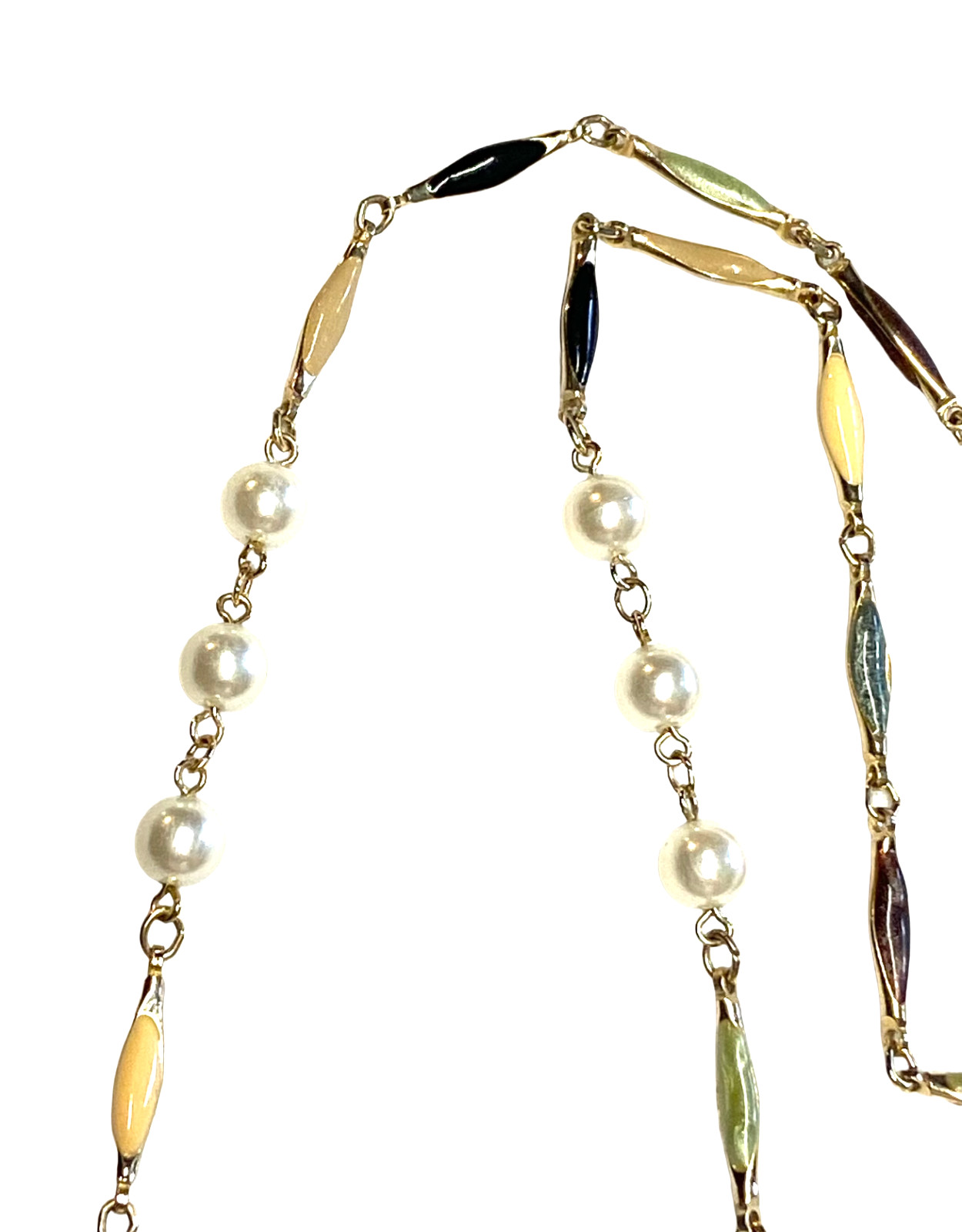 Vintage Gold Tone Multicolor Enamel Bar Link Elliptical Faux Pearl Necklace 25″