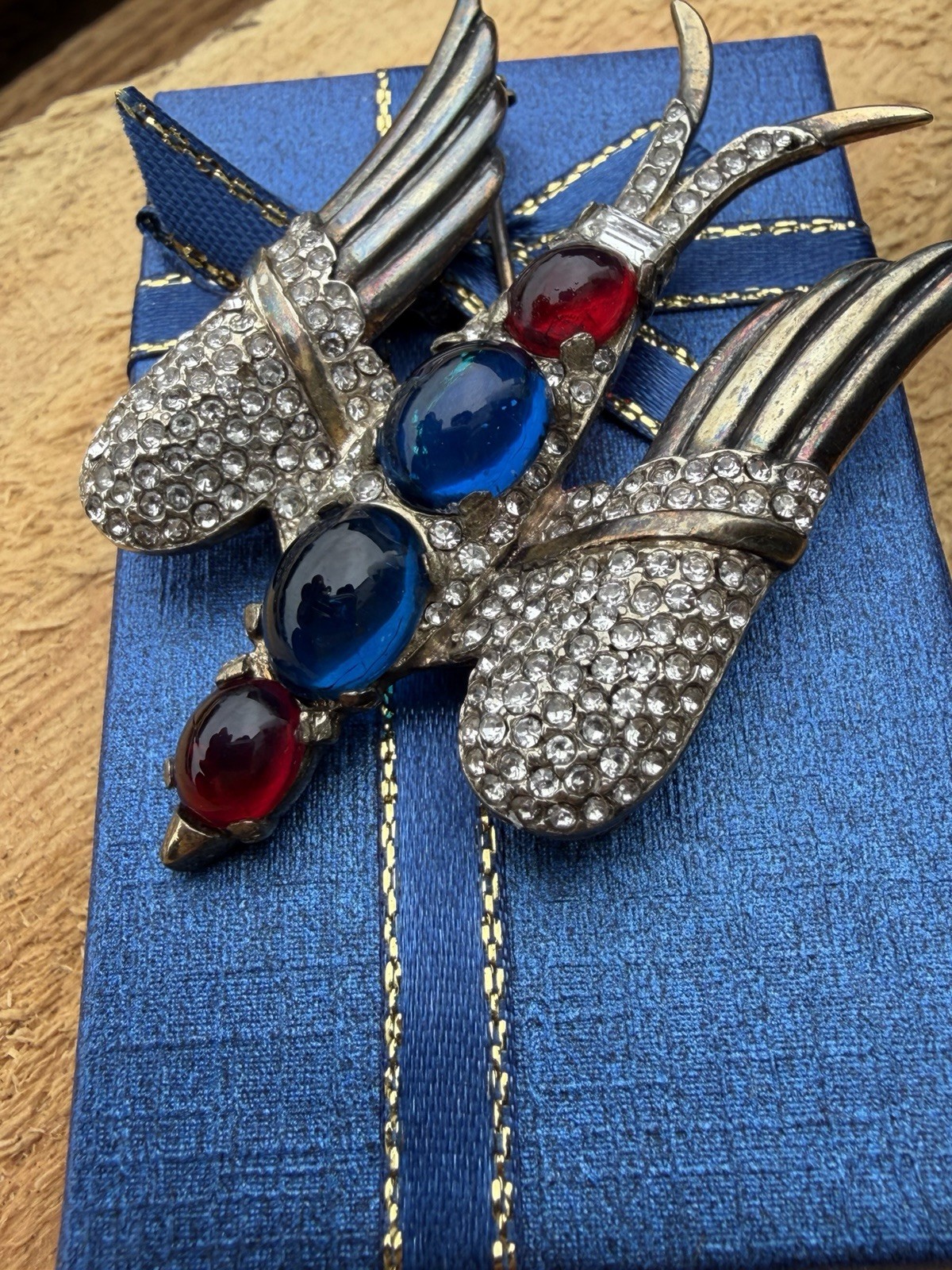 Crown Trifari Signed Huge Bird Brooch Pin Red Blue Glass Stone Rare