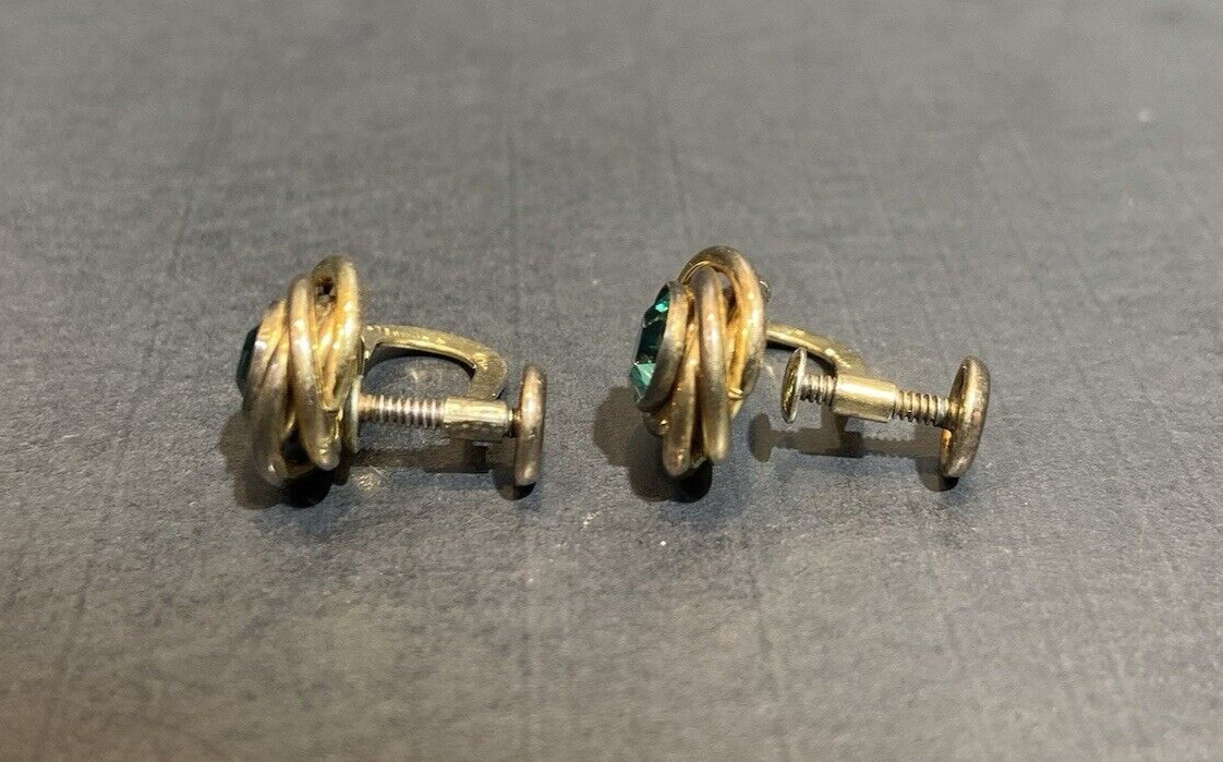 VTG AMCO Gold Filled 1-20 Sterling Silver Knot Earrings Green Glass Screw Back