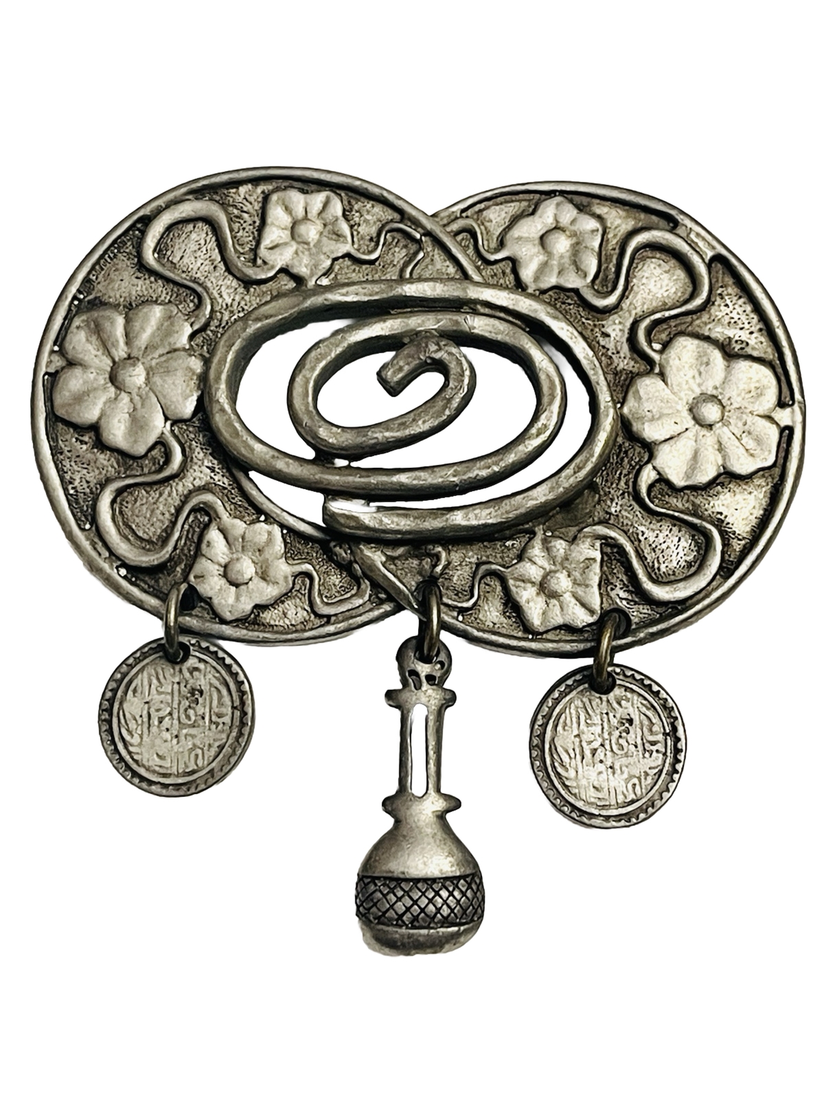 Vintage Renaissance Era Pewter 3 Charm Whimsical Brooch.