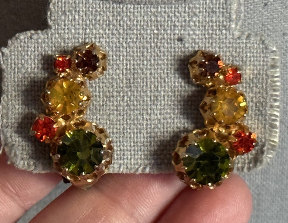 Vtg Signed Austria Crystal Climber Earrings Orange Green Yellow – Fall Colors