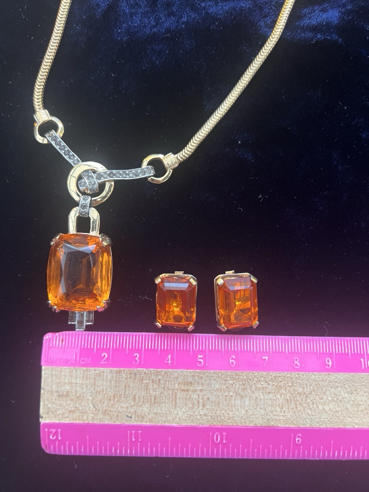 Mazer Deco gold plated faux topaz rhinestones necklace/Earrings 1960’s ca, USA.