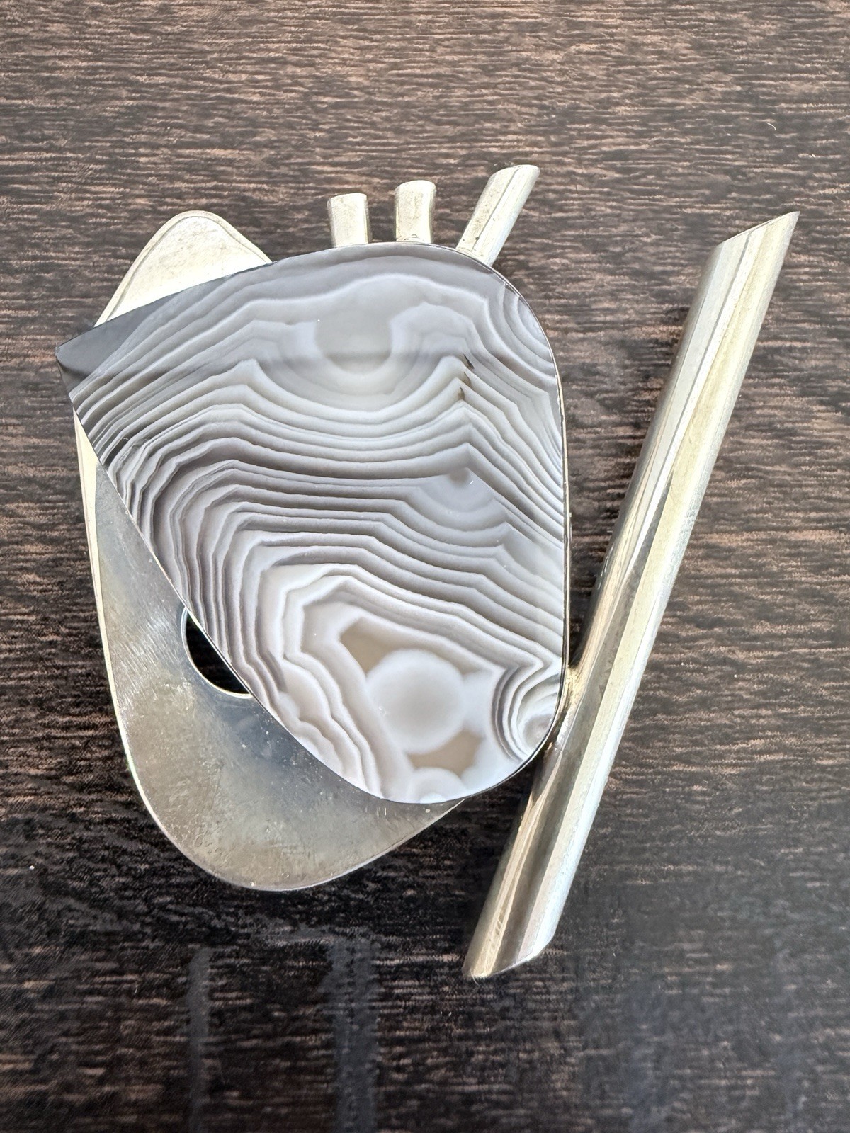 Stone Metal Studio Botswana Agate Sterling Silver Modernist Brooch 21.1g