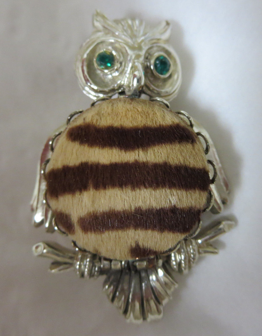 Vintage Gold Tone Locket Tan and Brown Faux Fur/Material Owl Brooch