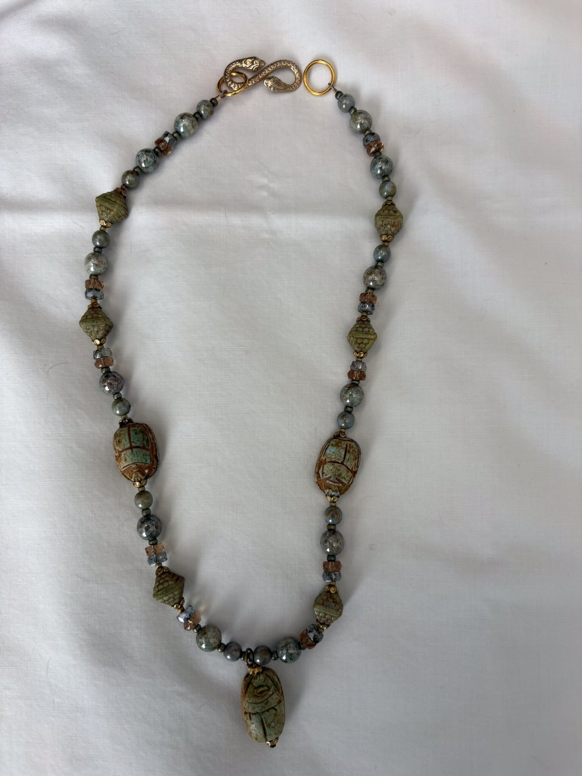 Egyptian Revival Faience Scarab Pendant Necklace 925 Snake Clasp NEW