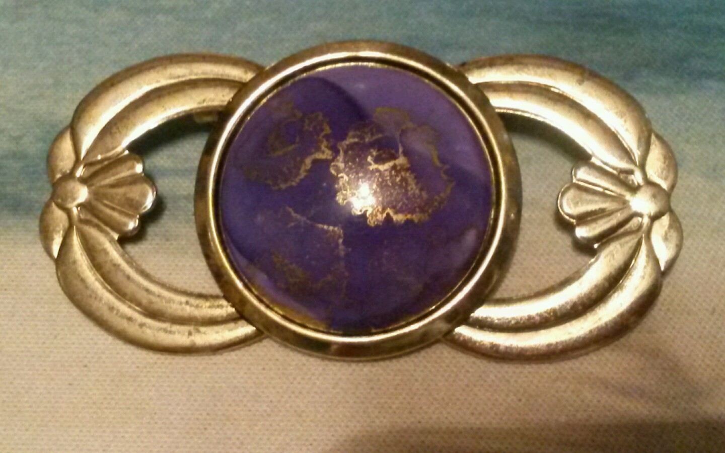 Vintage Cobalt Blue/Purple Foil Cabochon Brooch and Earring Set – Gold Tone