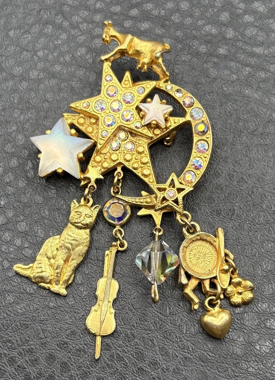 Kirks Folly Hey Diddle Diddle Gold Tone Crystal Brooch Pin Cat Cow Moon Star