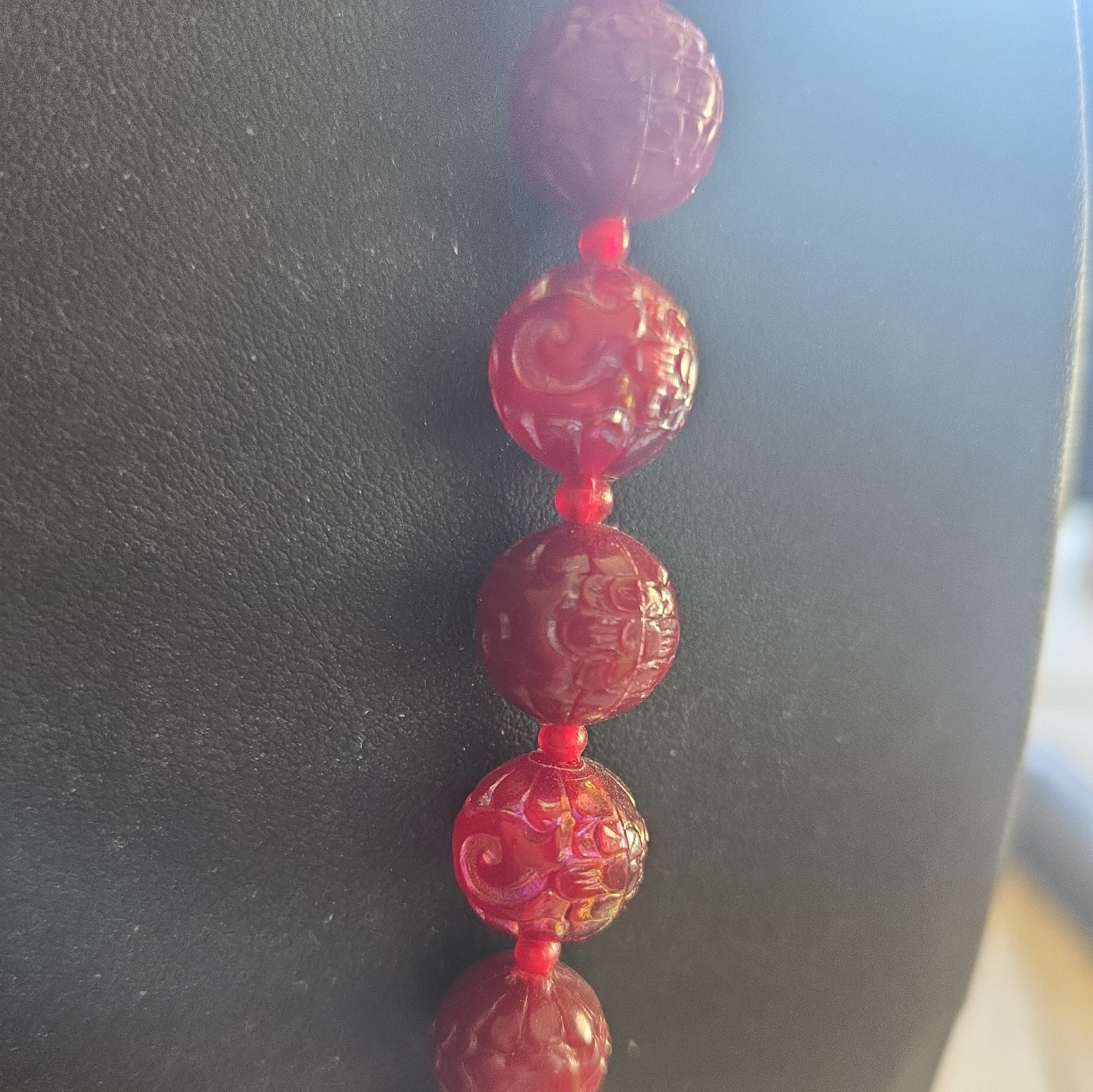 Vintage Austria Signed Red Iridescent Lucite or Resin Beaded 22″ Necklace