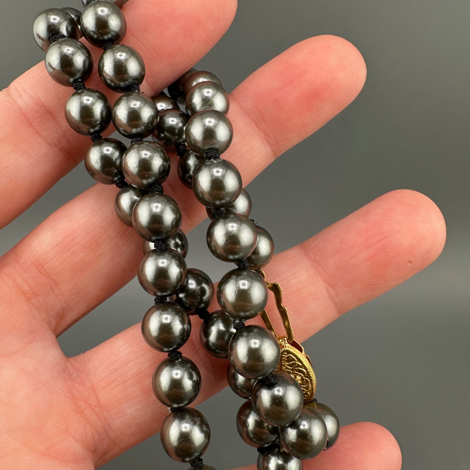 Vintage Glass Pearl Necklace Hand Knotted Charcoal Gray Gold Tone Filigree Clasp