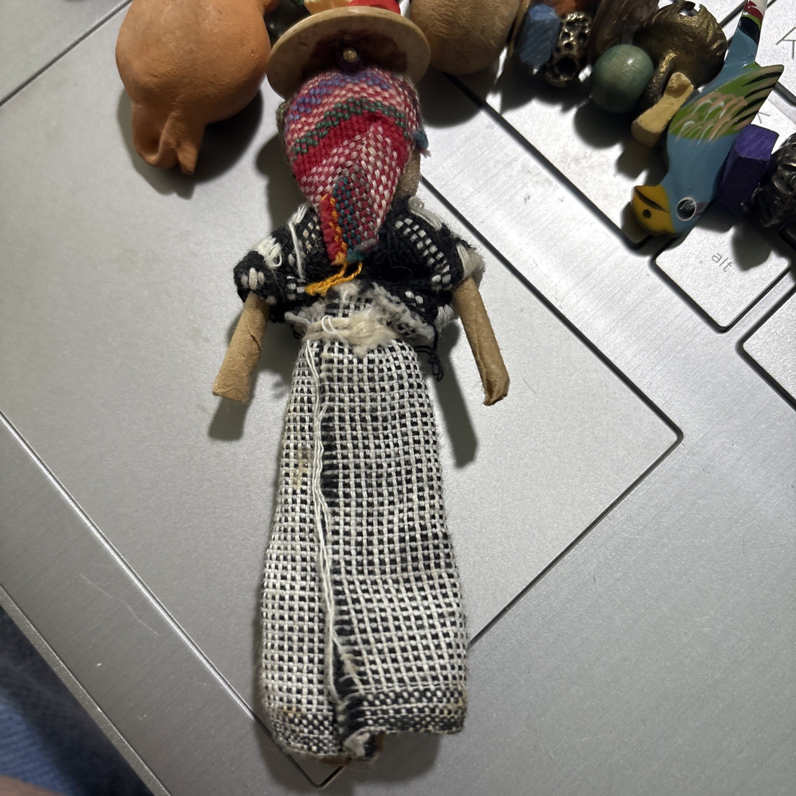 VTG Handmade Worry Doll Clay Pots Wood Metal NECKLACE Guatemala