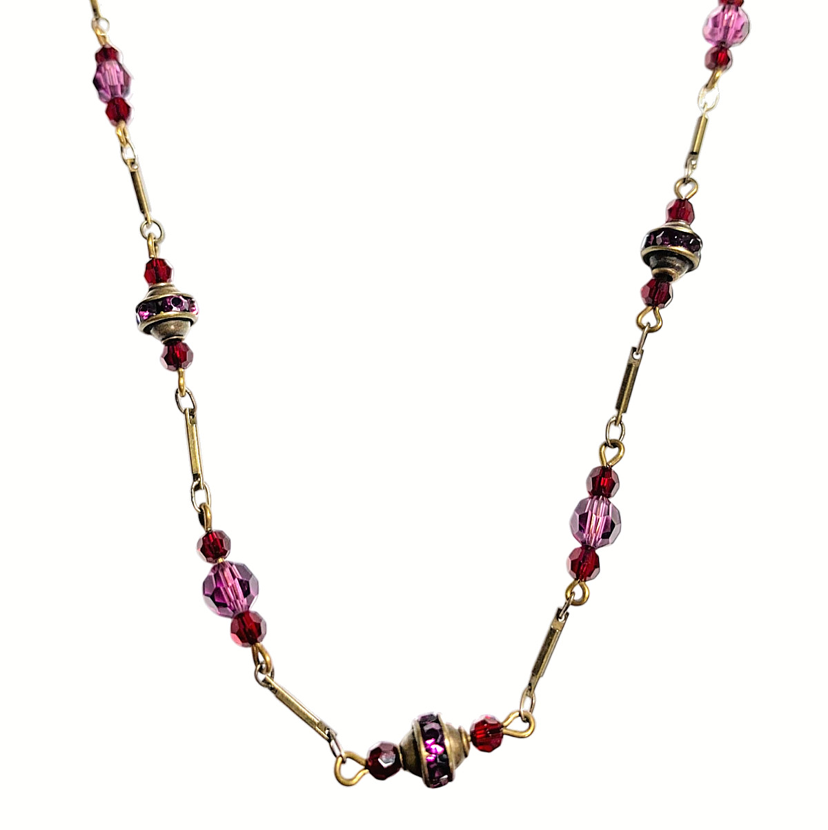 Liz Palacios Pink & Red Crystals Bead Bar Link Chain Station Necklace