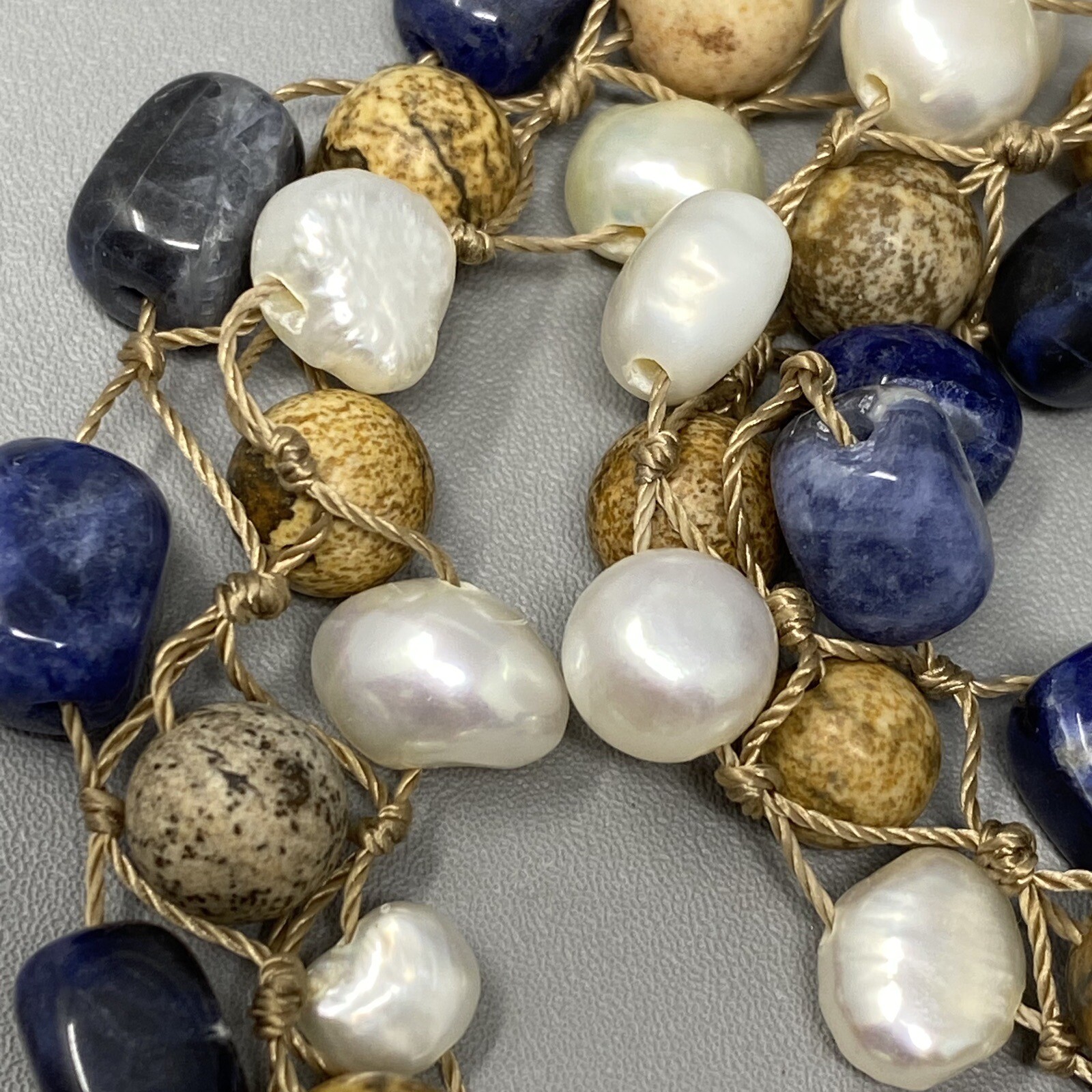 Coldwater Creek Necklace Jasper Sodalite Genuine Pearl Hand Knot Wrap Boho 20″