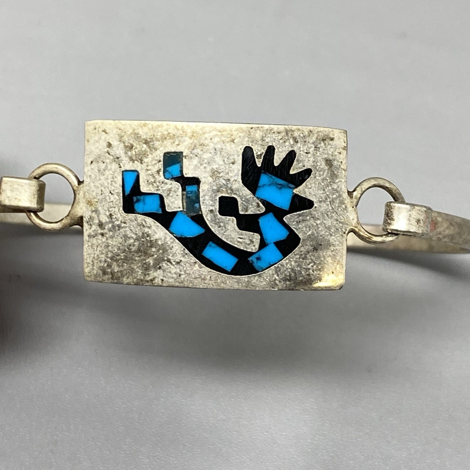 Vintage Turquoise Inlay Kokopelli Bangle Mexico Silver Unsigned Hook Clasp 7.25″