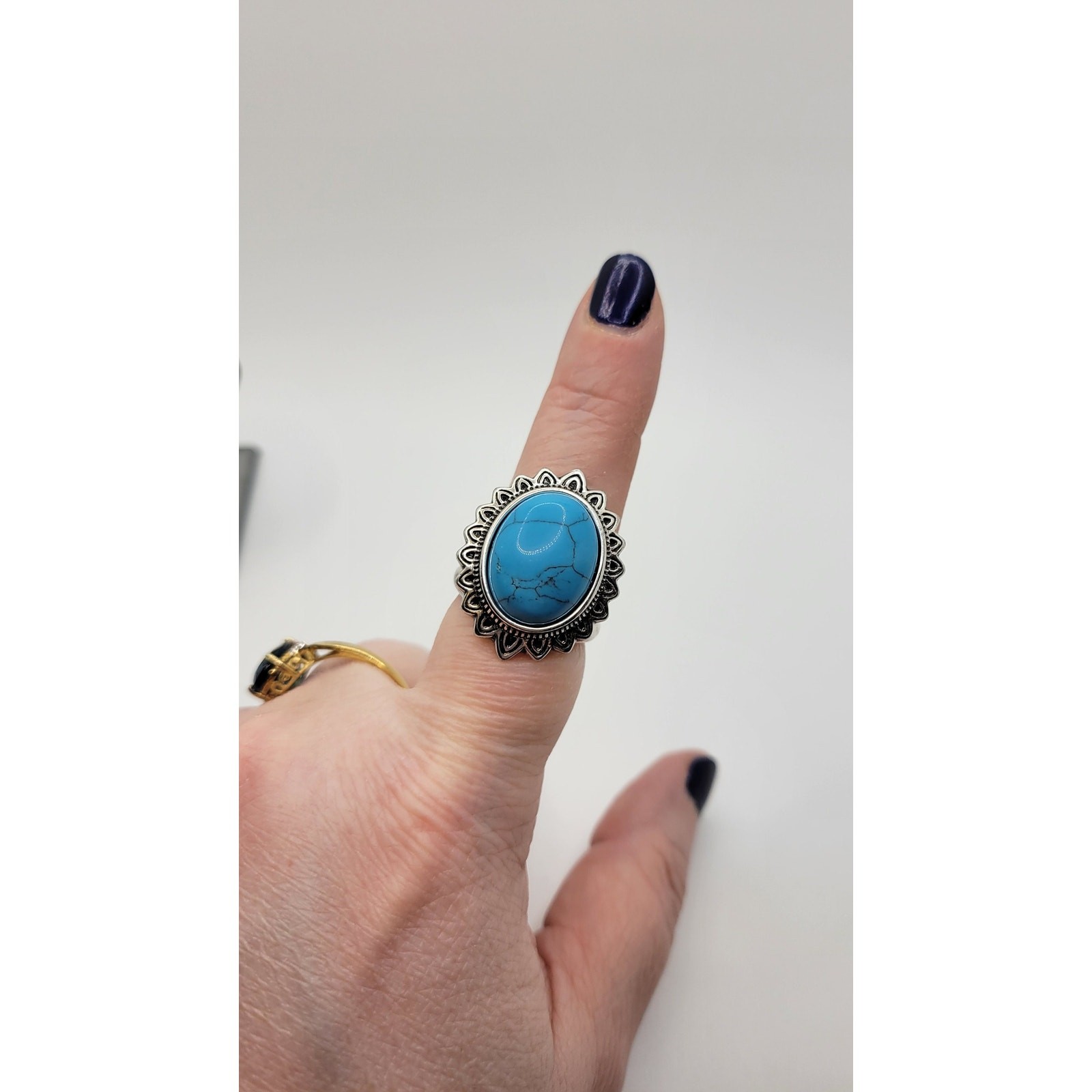 Blue Stone Faux Turquoise Cabochon Statement Ring Dyed Howlite Silver Plated