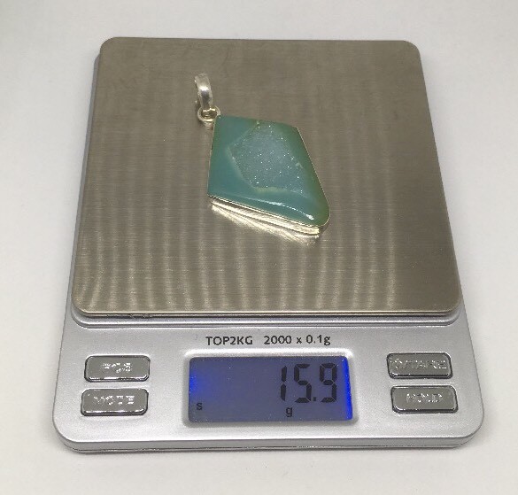 Natural Green Geode Pendant Polished Edges w/ Crystals in Sterling 15.9 grams