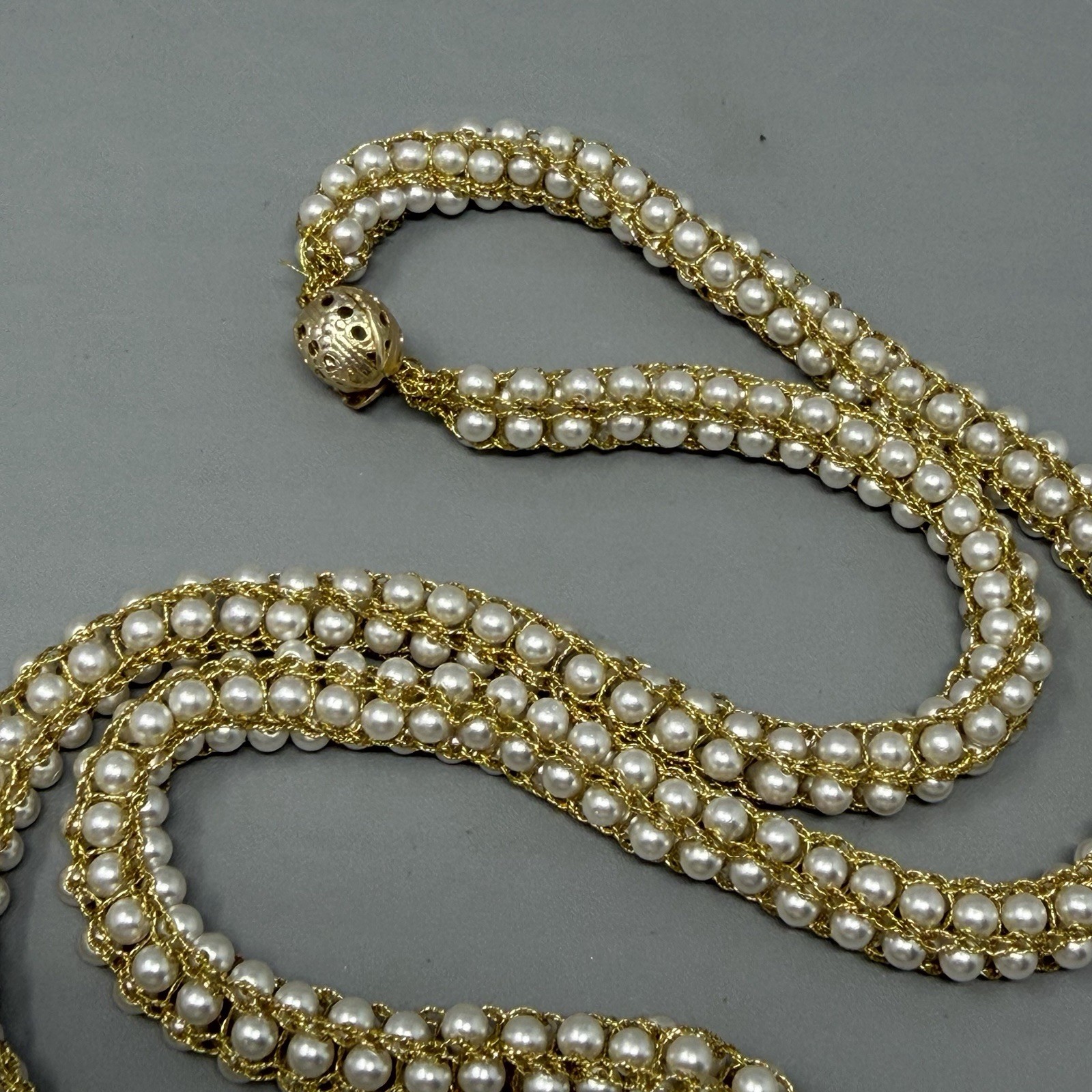 Mini Faux Pearl Necklace Gold Tone Woven Tension Layers Twist Stretchy Handmade