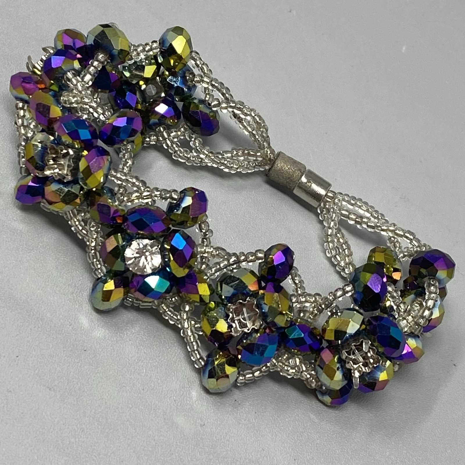 Glass Bead Bracelet Purple Metallic Oil Slick Peacock Coated Chunky Repair 6.5″