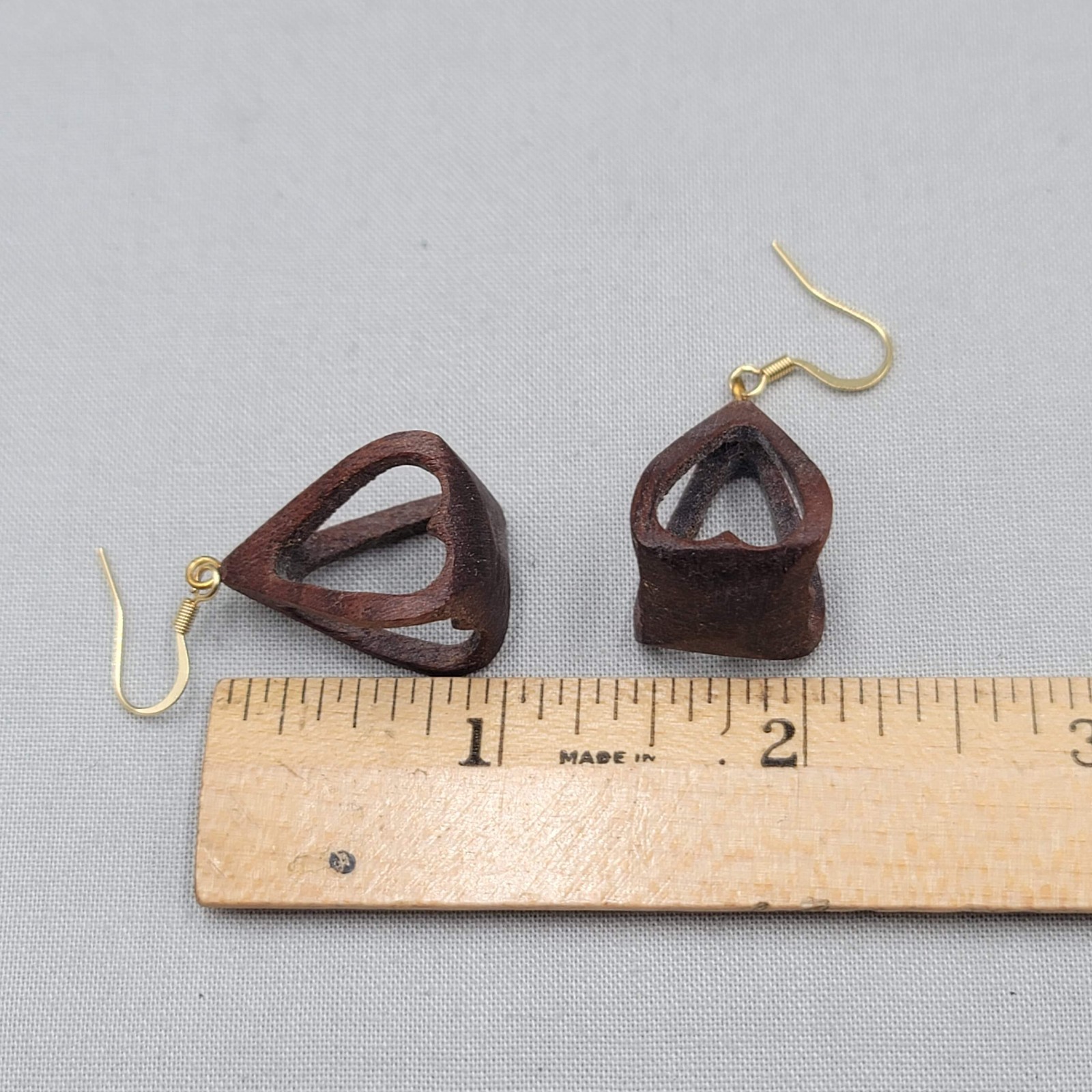 Vintage Hand Carved Wood Pierced Earrings Dangle 1″