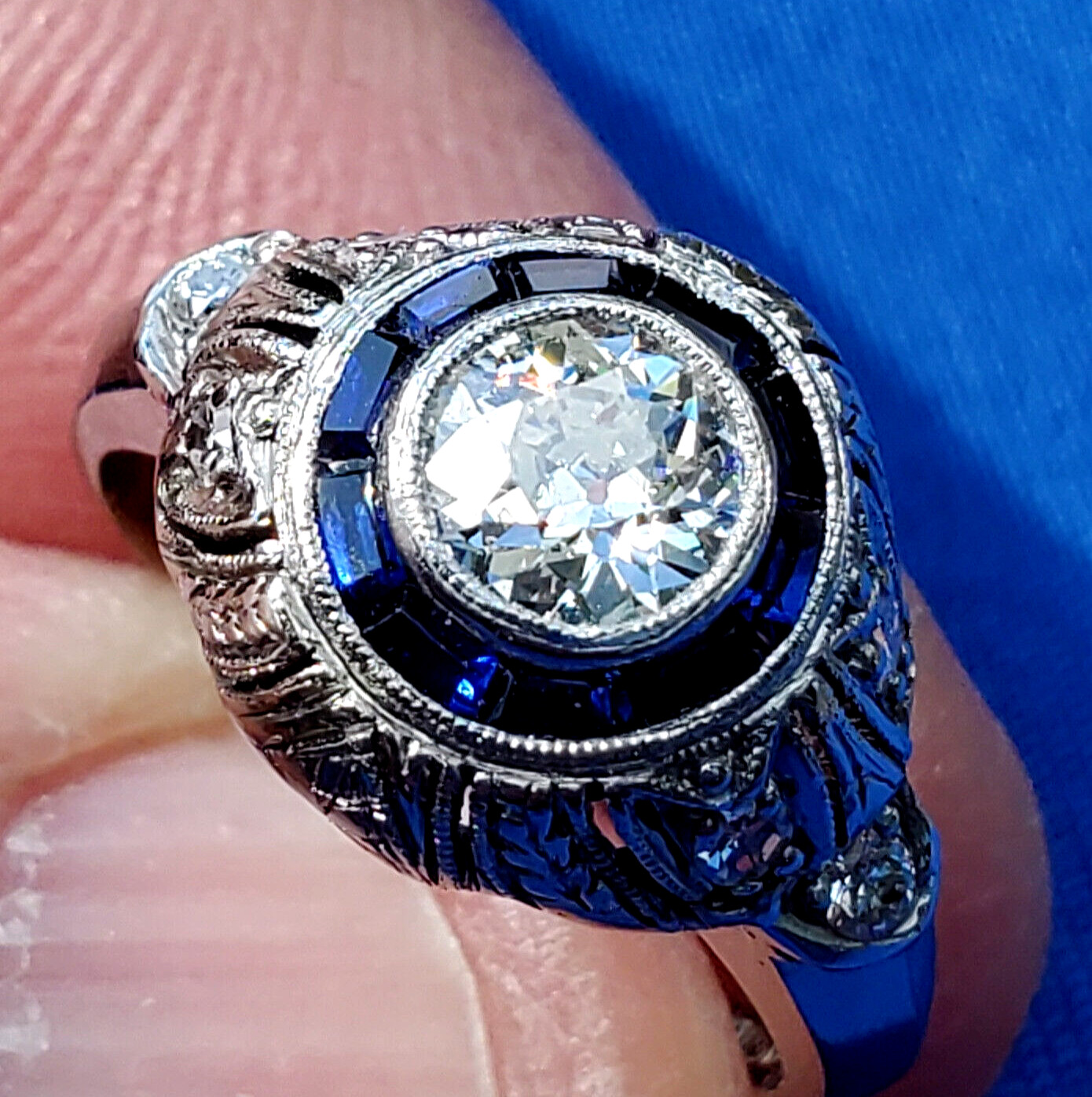 Original EARTH MINED DIAMOND Engagement Ring Deco PLATINUM SAPPHIRE Solitaire 5