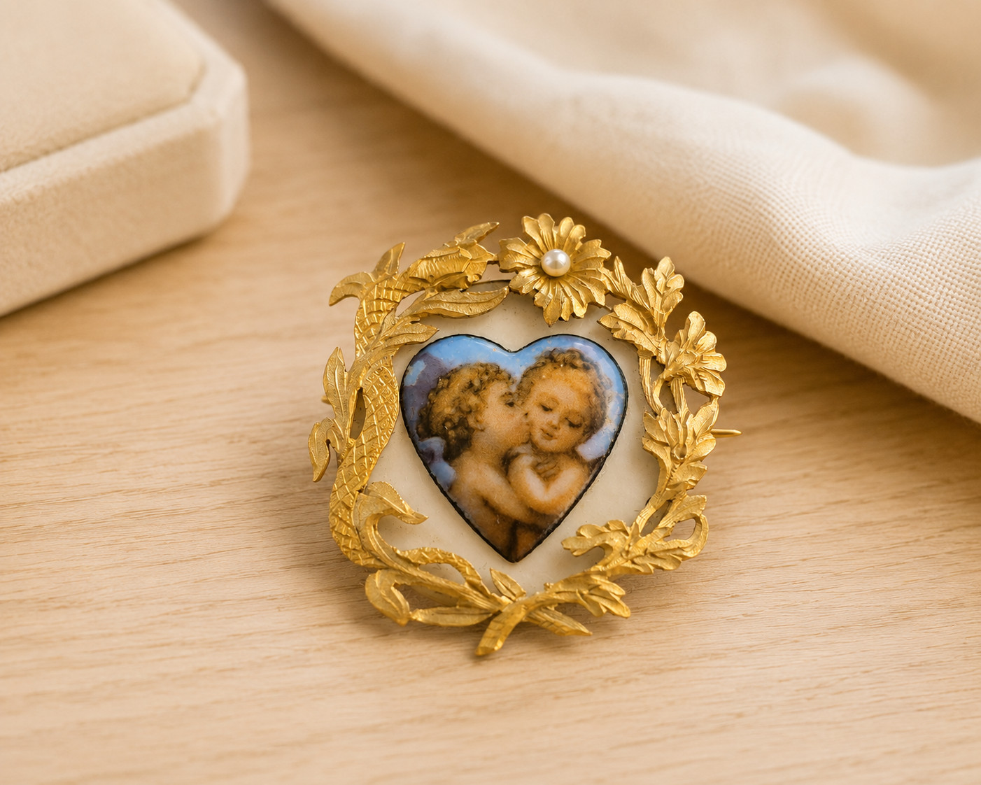 Antique 18K Gold Heart Brooch Angel Cherubs Pearl Enamel Mother of Pearl c1900