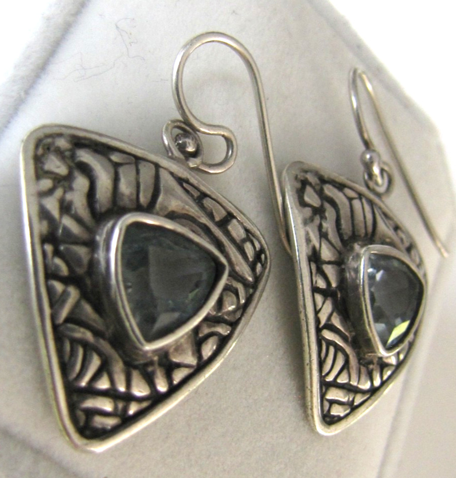 Vintage Sterling Silver Trillion Blue Topaz Tribal Shield Earrings Signed DC 925