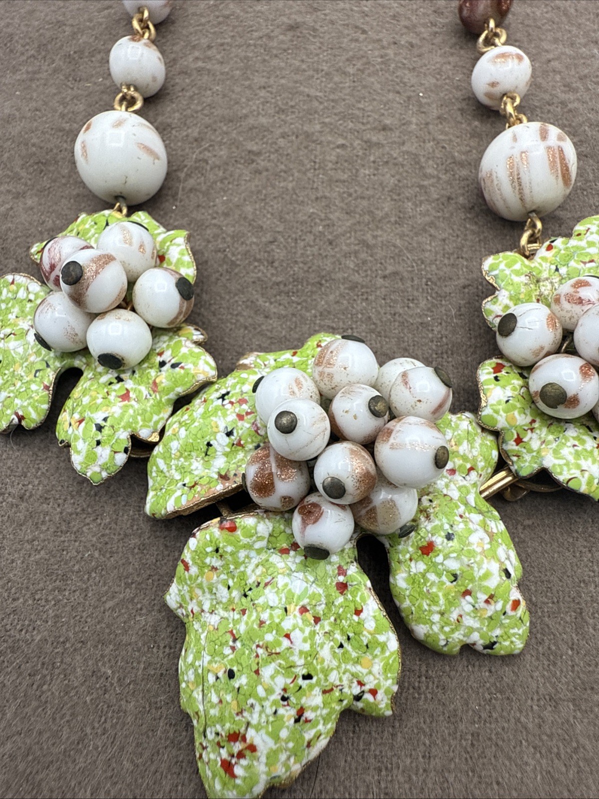 Vintage Metal Leaf Beaded Statement Necklace White Green