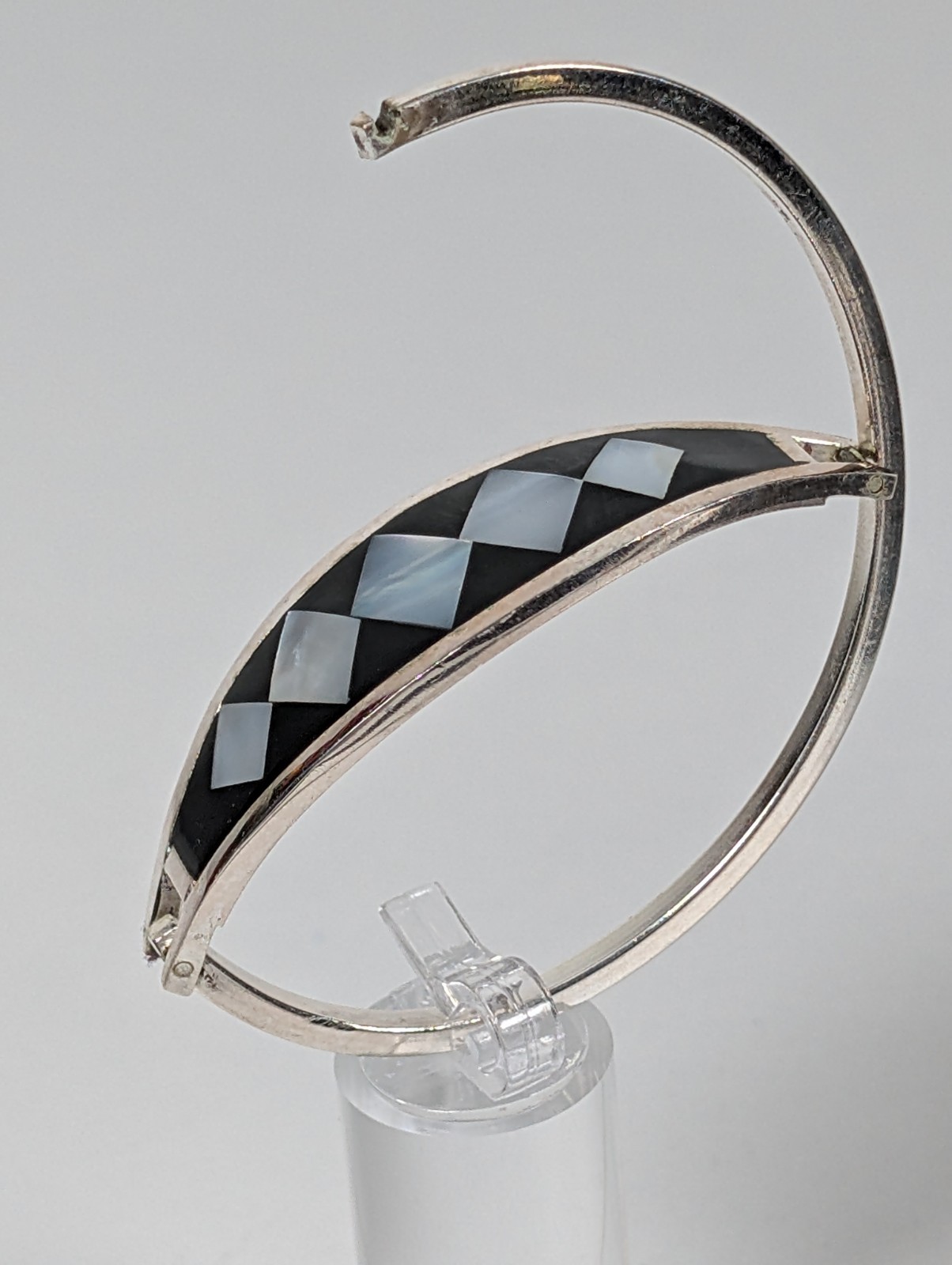 Vtg Alpaca Mexico Hinged Bangle Bracelet MOP Abalone Shell Inlay 1980s NOS