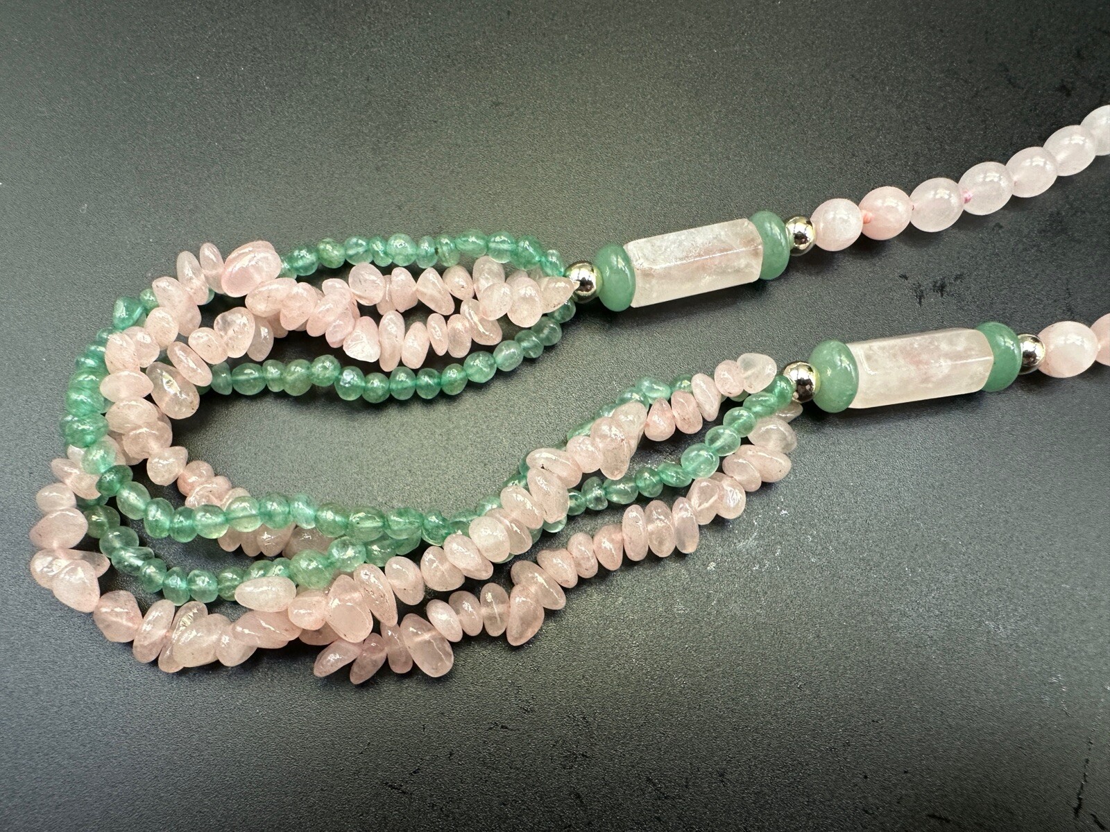 Vintage Chinese Export Multistrand Pink Rose Quartz Green Jade Necklace Stunning
