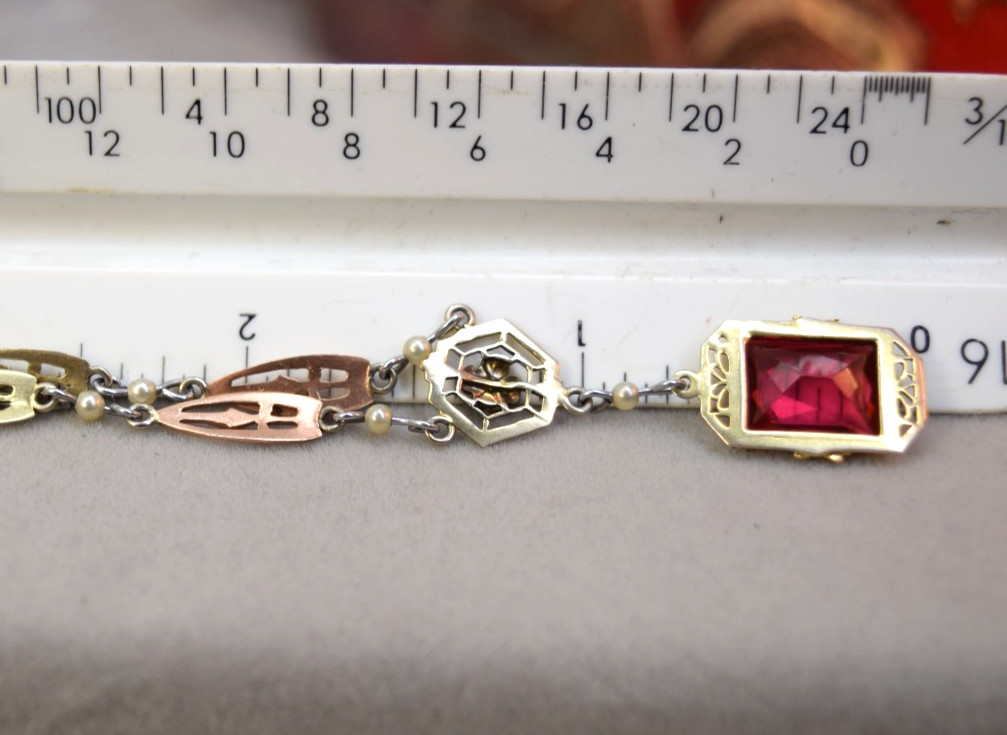 Antique Deco 10K Rose White Yellow Gold Red Ruby Glass necklace 17″