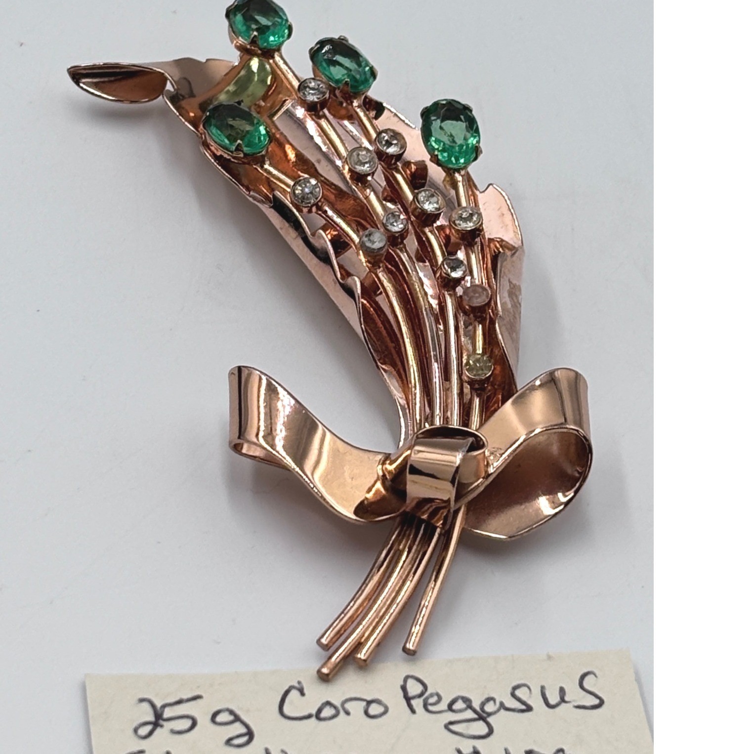 Vintage Coro Pegasus Sterling Silver Rose Gold Vermeil Green Floral Brooch 1940s