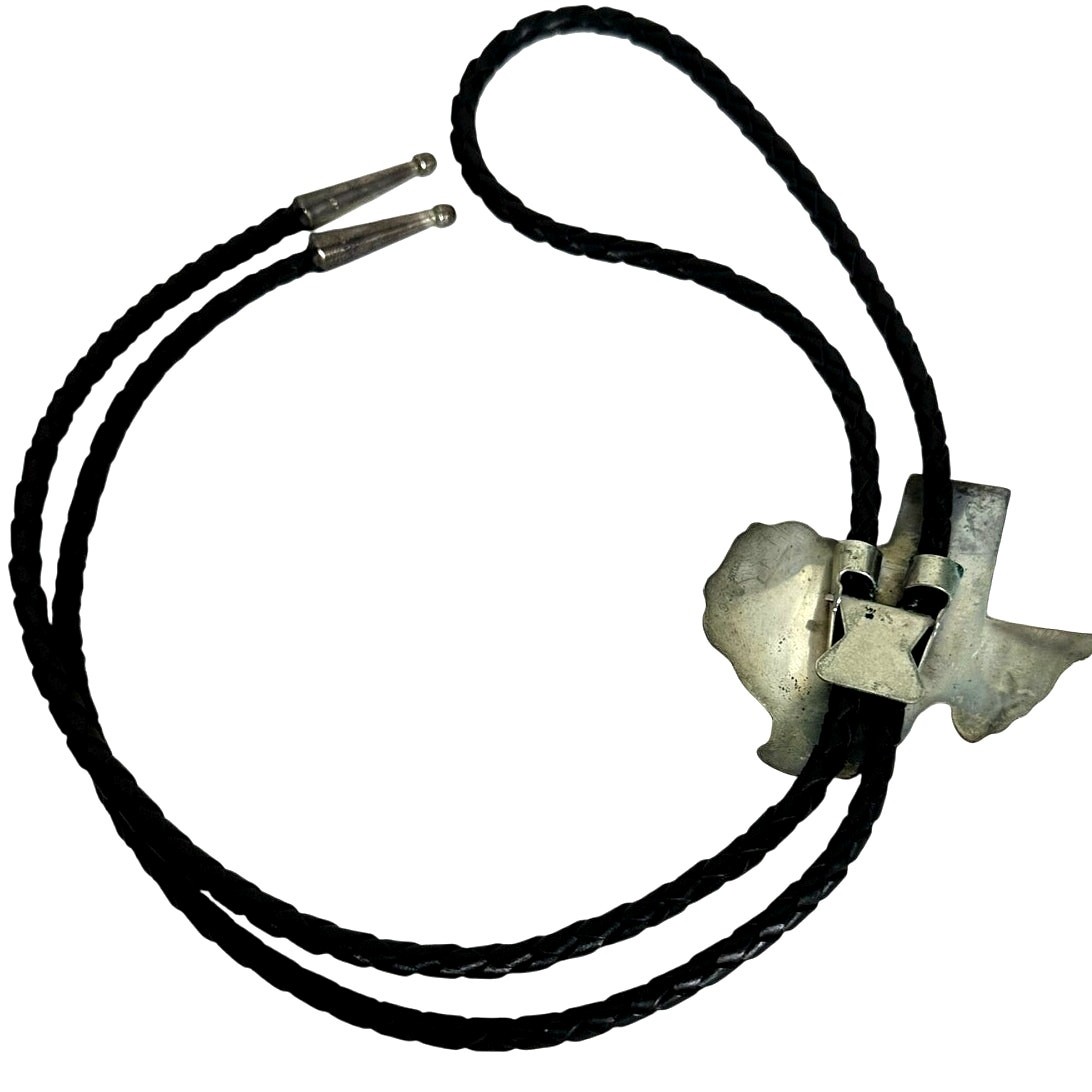 Texas State Shape Silver Metal Vintage Bolo w/Silver Tips & Black Leather Cord