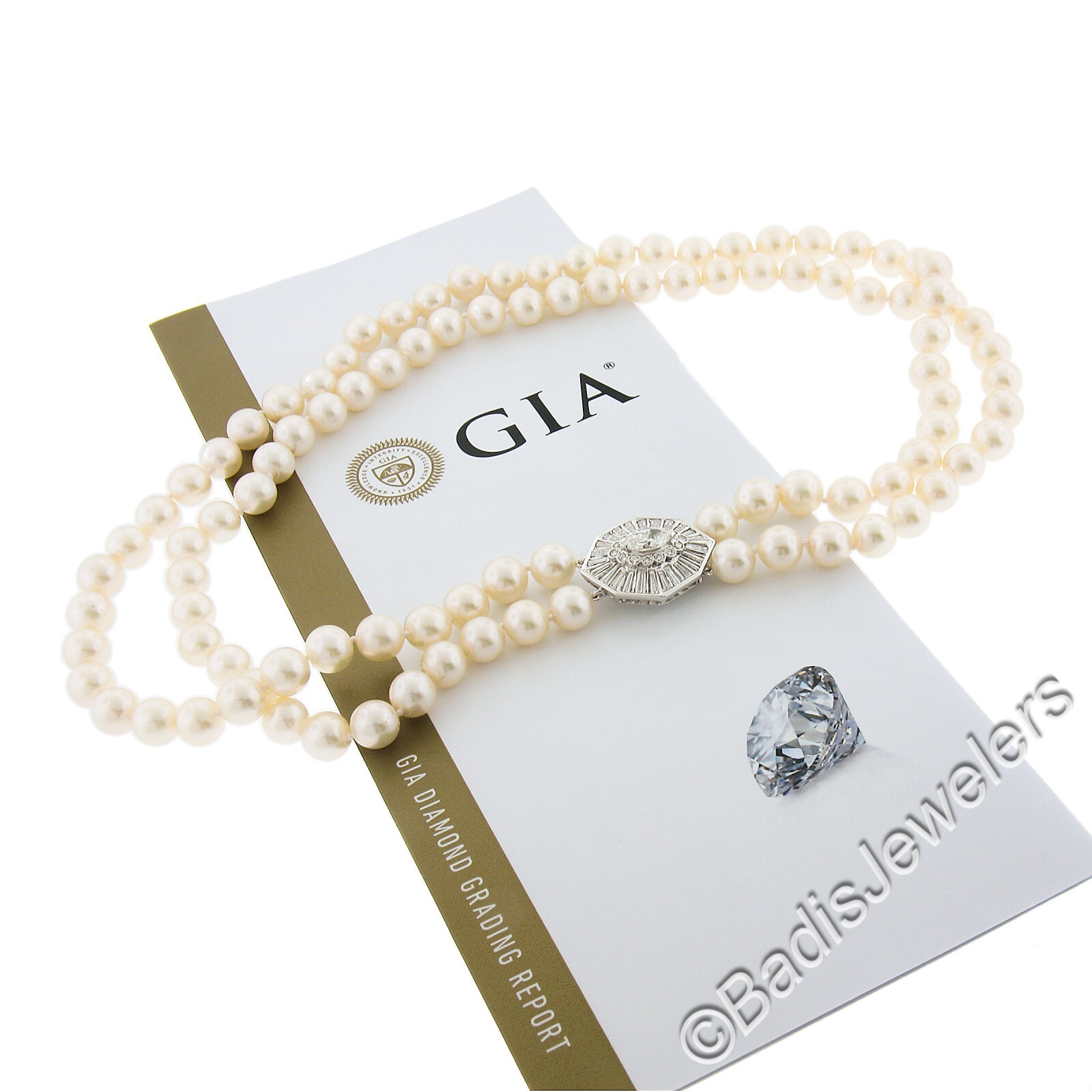 18k White Gold Dual Strand 8-8.5mm Pearl Necklace w/ GIA 3.68ctw Diamond Clasp