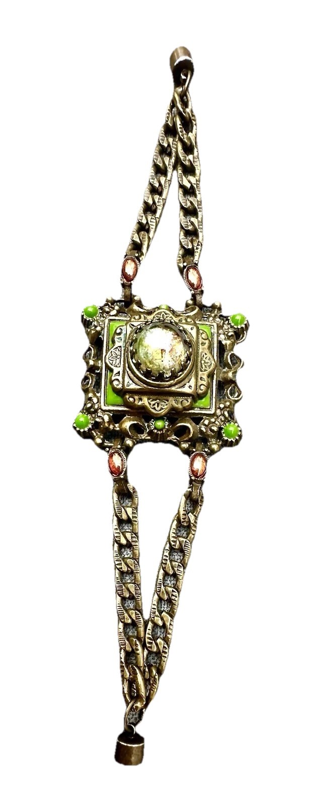 VTG Uranium Vaseline Glass Jewelry Bracelet Panel Cabachon Art Deco Style Czech