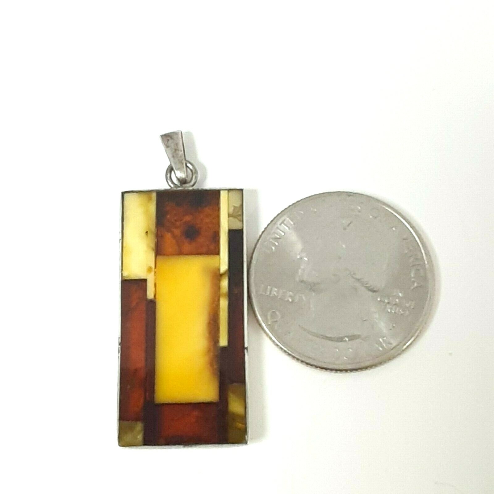 Vintage JZ Inlay Baltic Egg Yolk & Cognac Amber Sterling Silver Pendant Poland