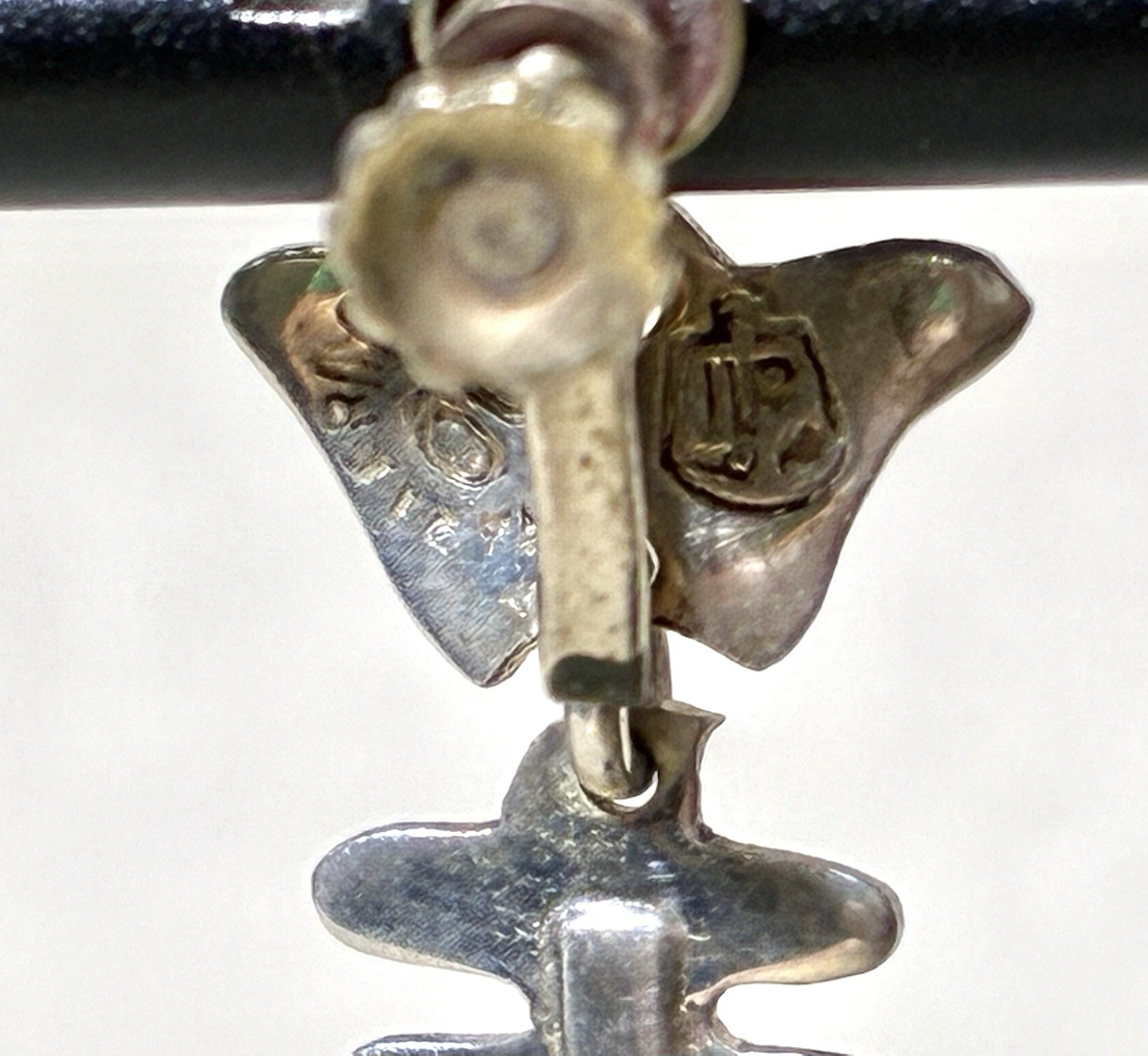 Taxco Silver Fish Dangle Earrings signed IP with Eagle Modernist Screw Back