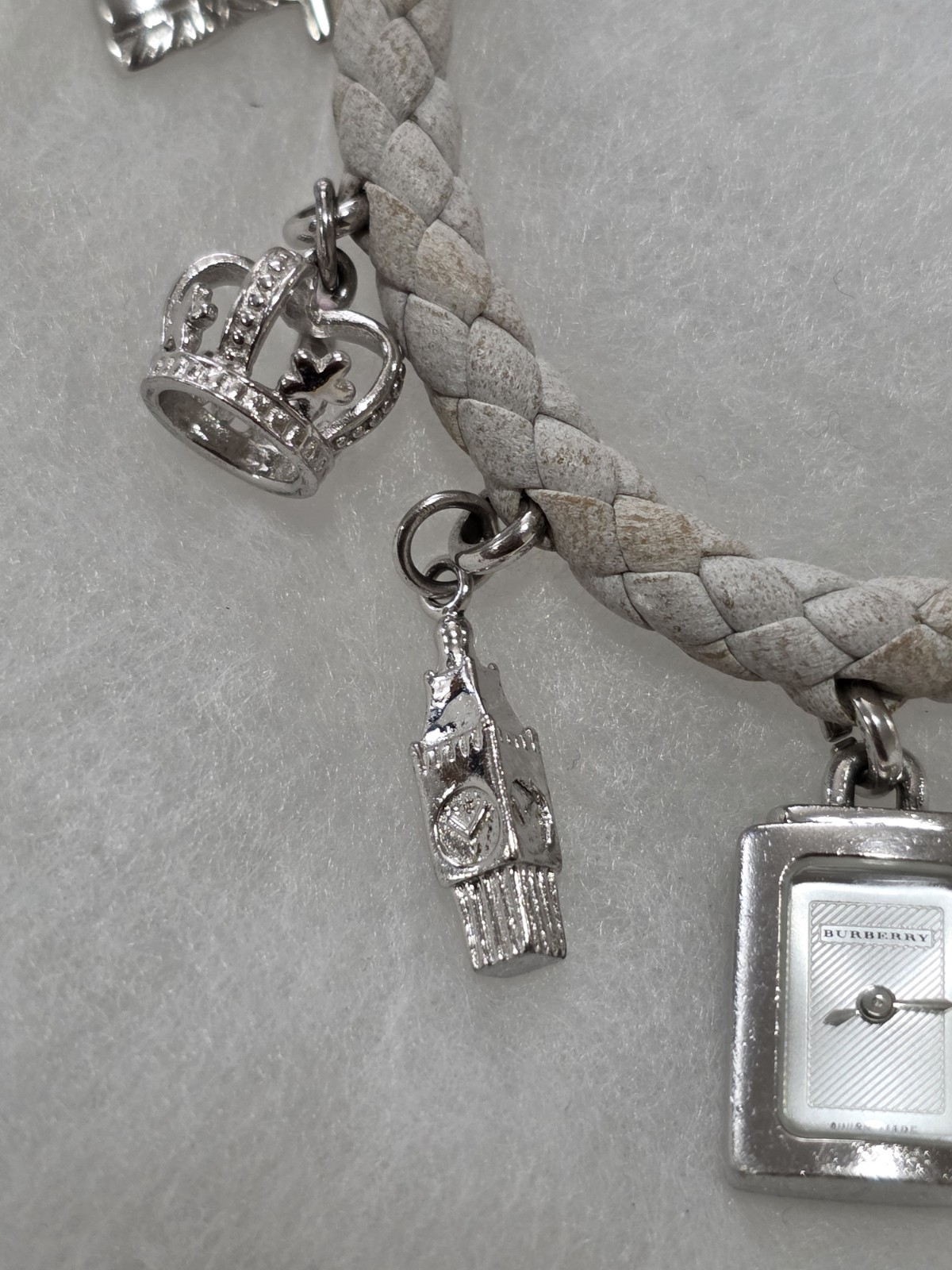 BURBERRY STERLING SILVER 925 CHARM WATCH BRACELET W/ 7 CHARMS