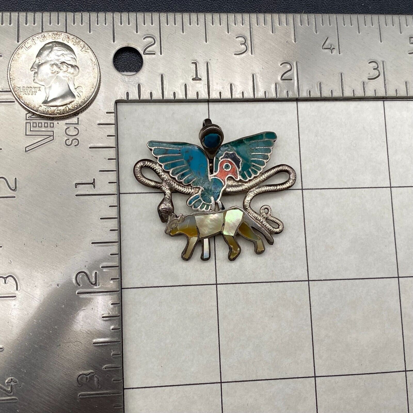 Vintage Eagle Snake Jaguar Turquoise MOP Inlay 950 Sterling Silver Pendant