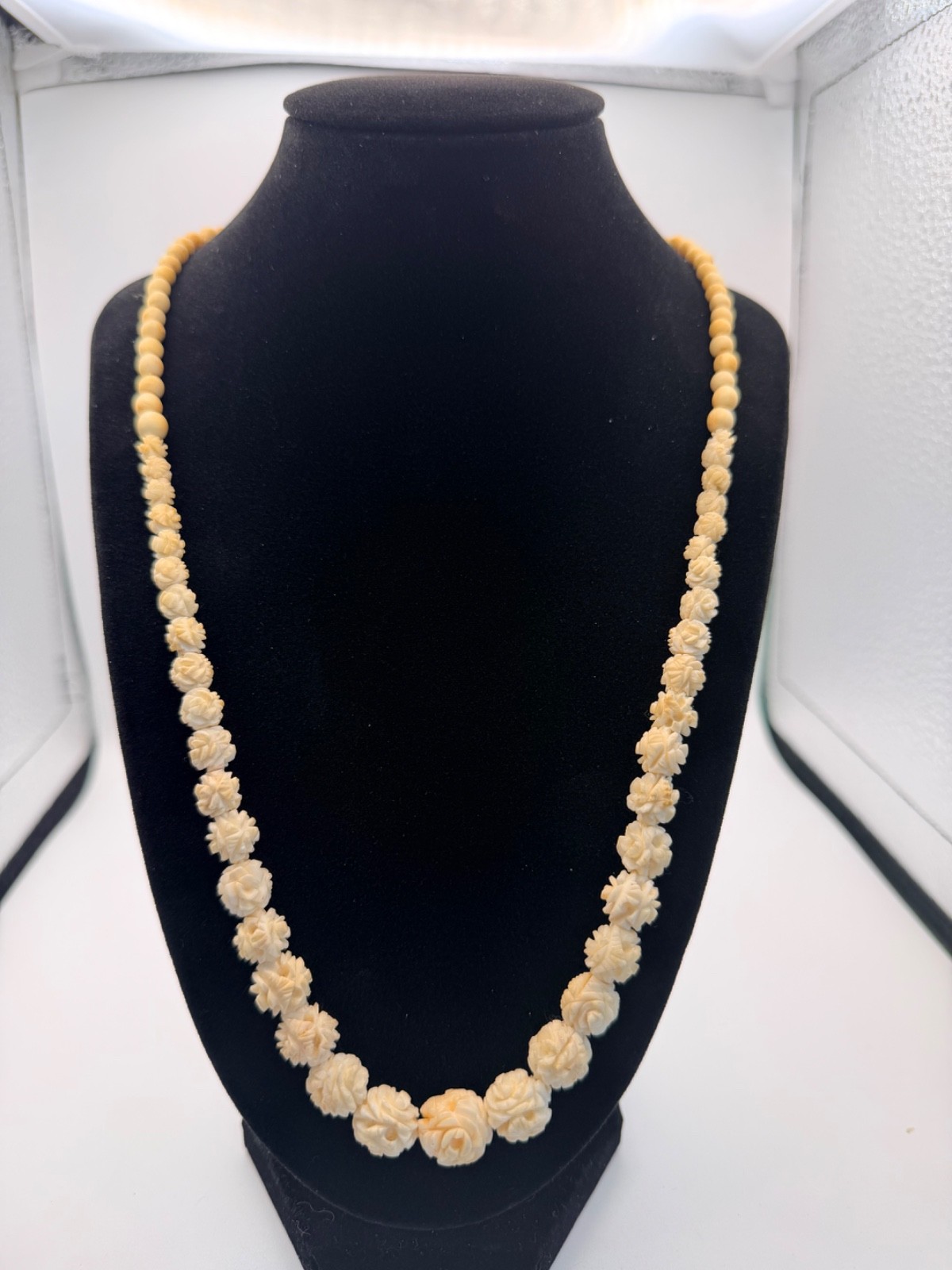 vintage Chinese export hand-carved bovine bone rose necklace, circa 1920-40